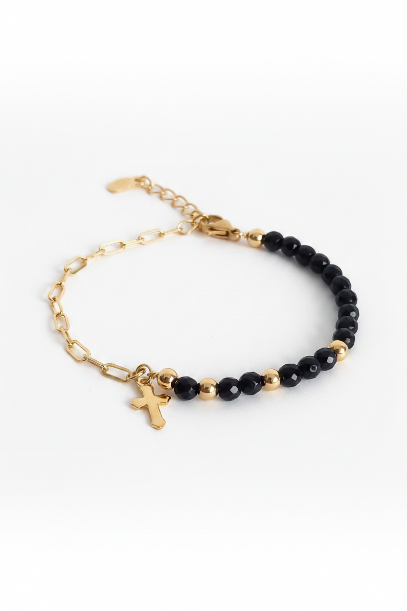 Bracelet Agate Noire Or 16cm - Fond Blanc