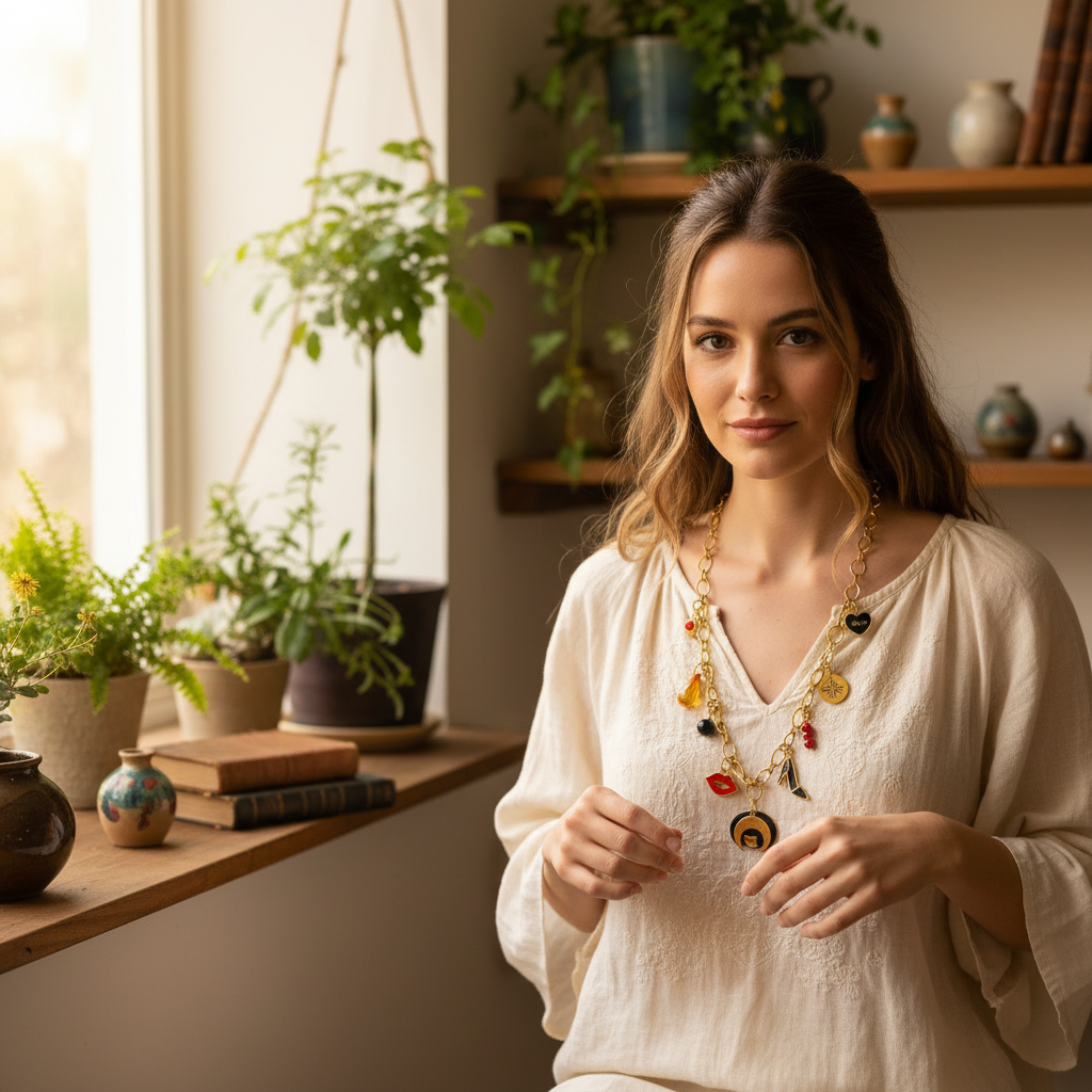 Collier rouge noir doré - Photo lifestyle