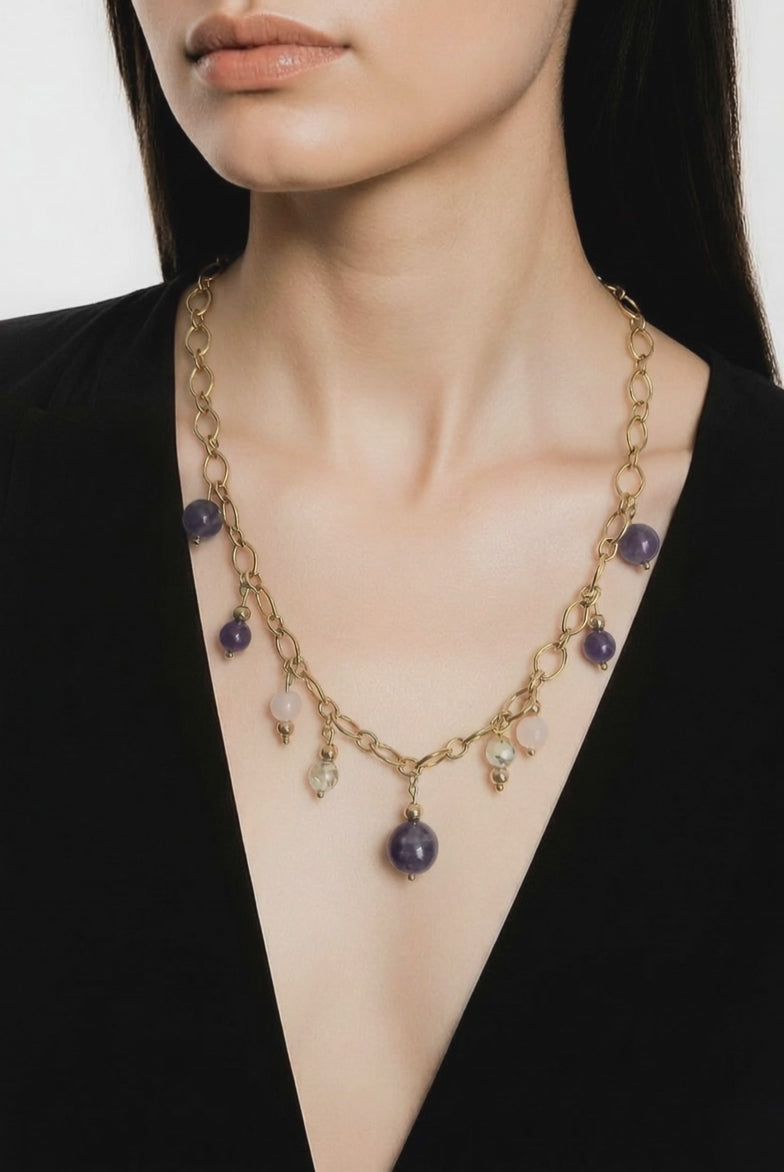 Collier Améthyste & Quartz Rose - Pierres Naturelles Acier Inoxydable  violetta 40cm