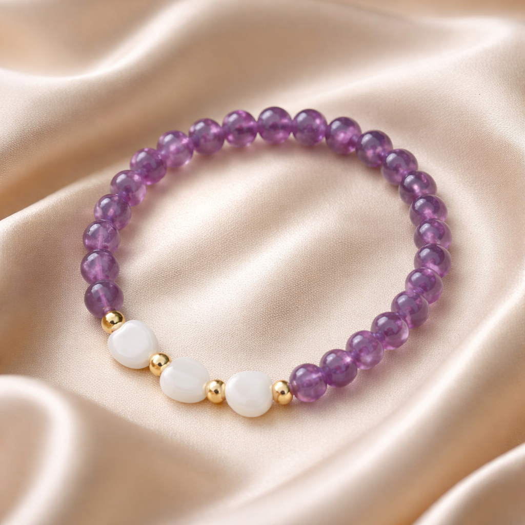 Bracelet lithothérapie améthyste - Cœurs nacre acier inoxydable 15cm