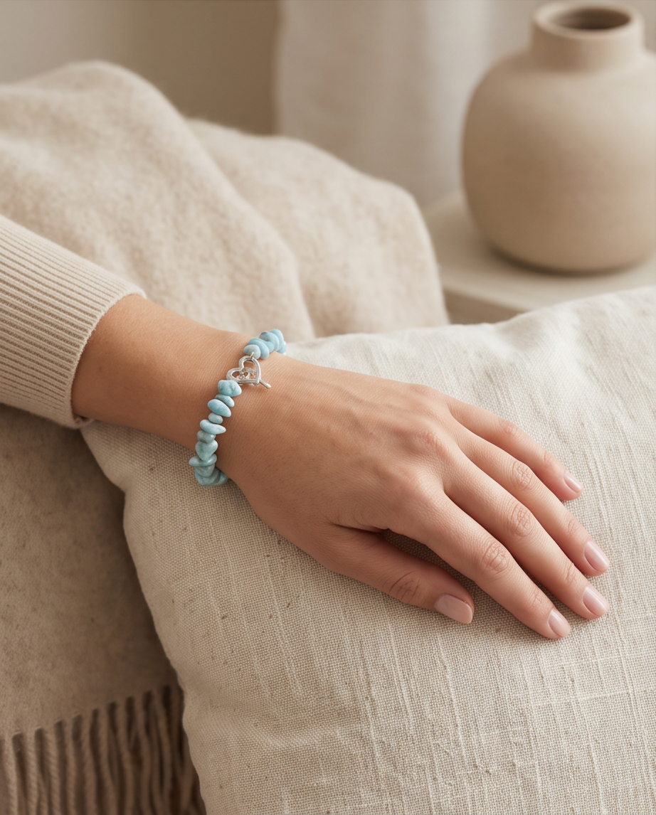 Bracelet lithothérapie larimar - Pierre chips acier inoxydable 16cm