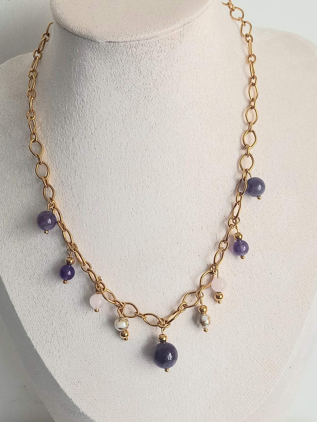 Collier Améthyste & Quartz Rose - Pierres Naturelles Acier Inoxydable  violetta 40cm