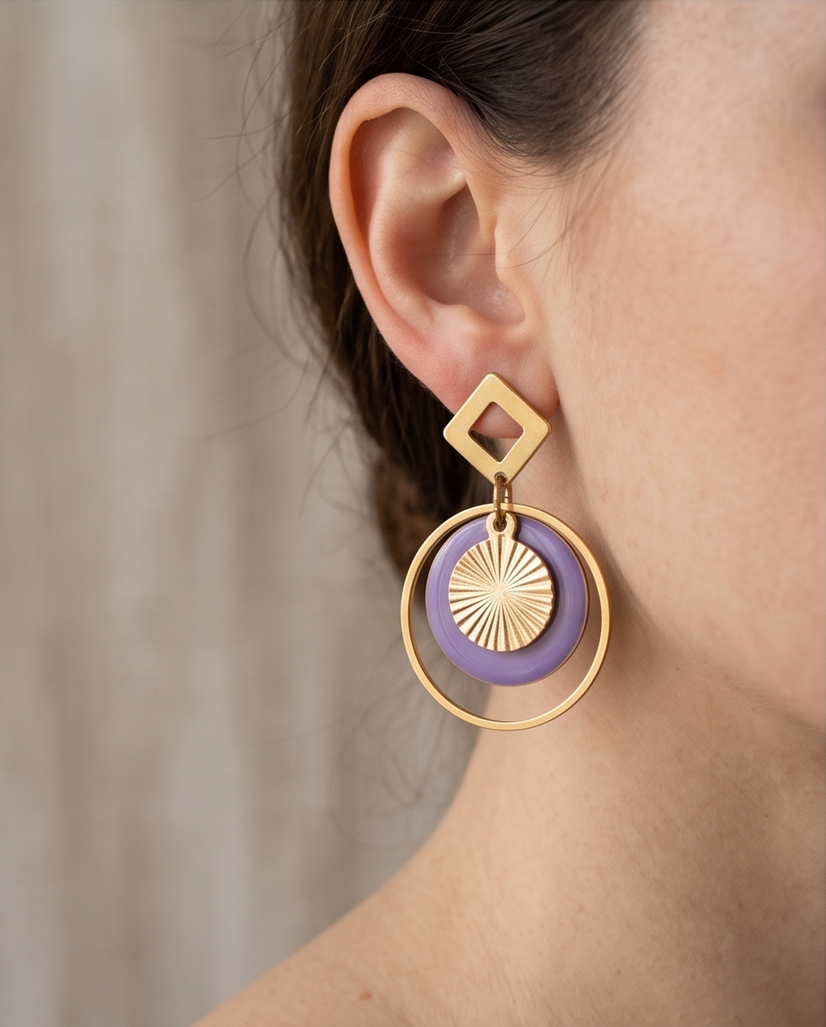 Boucles d'oreilles violettes en émail – Acier inoxydable | Bijou bohème fait main