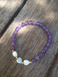 Bracelet lithothérapie améthyste - Cœurs nacre acier inoxydable 15cm