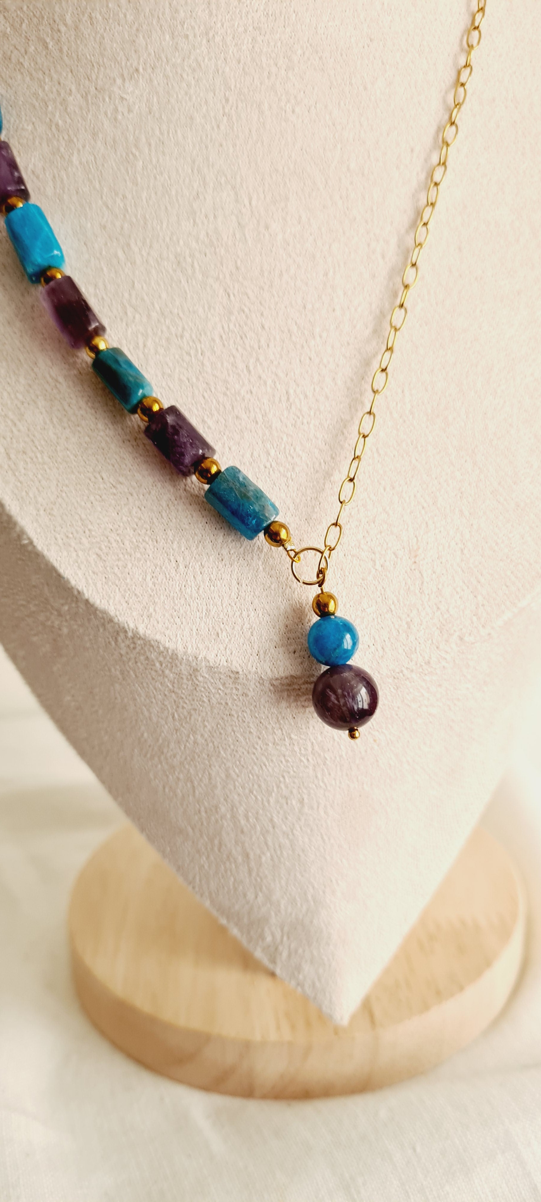Collier lithotherapie améthyste apatite acier inoxydable lisa