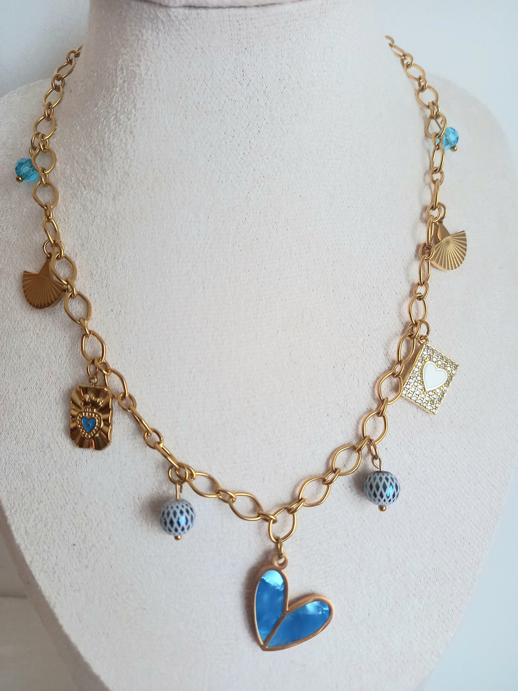 Collier Jana Tendance Bleu - Breloques Verre Émail Acier Inoxydable 40cm