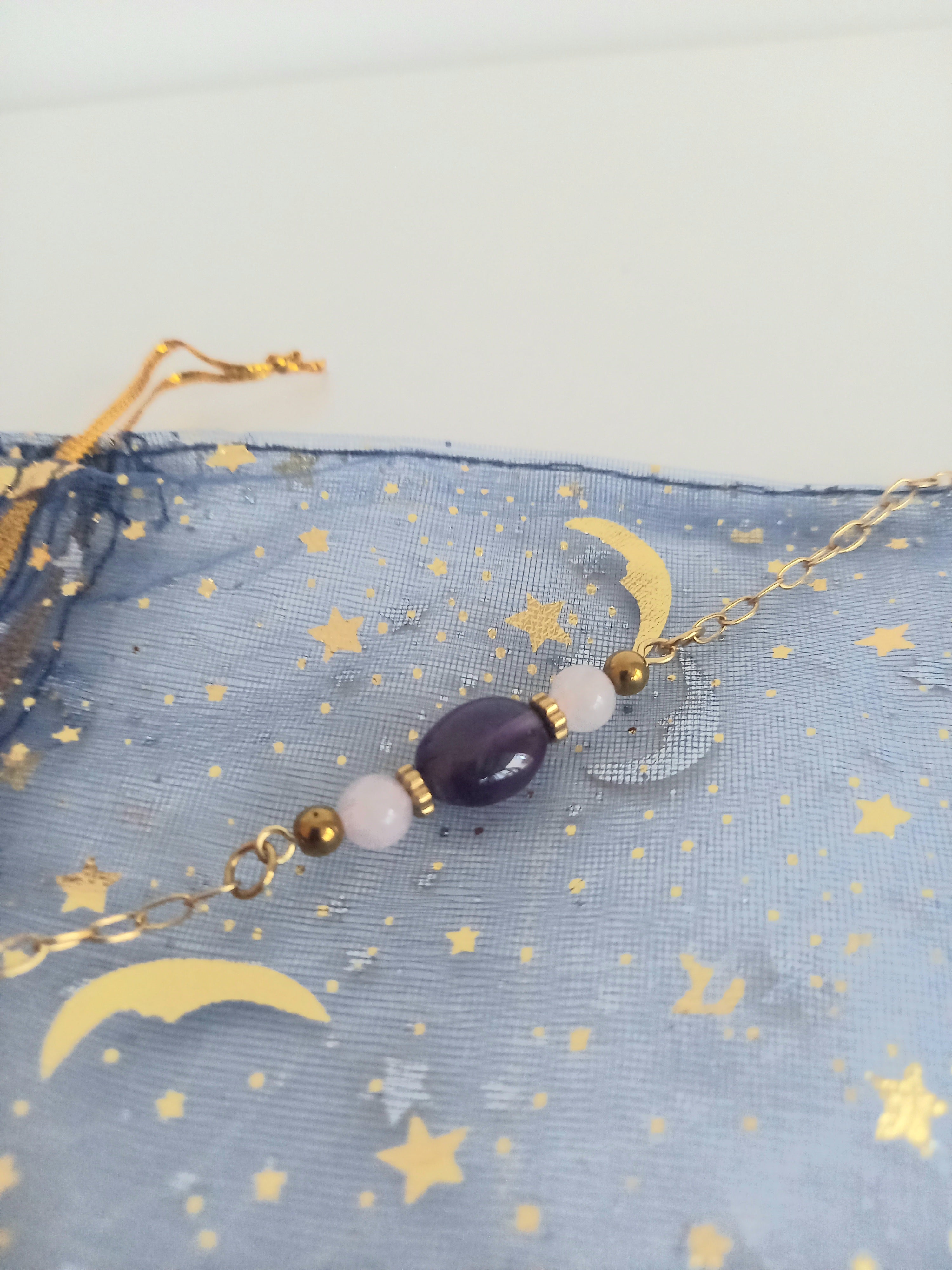 Bracelet améthyste quartz rose - Pierres naturelles acier inoxydable