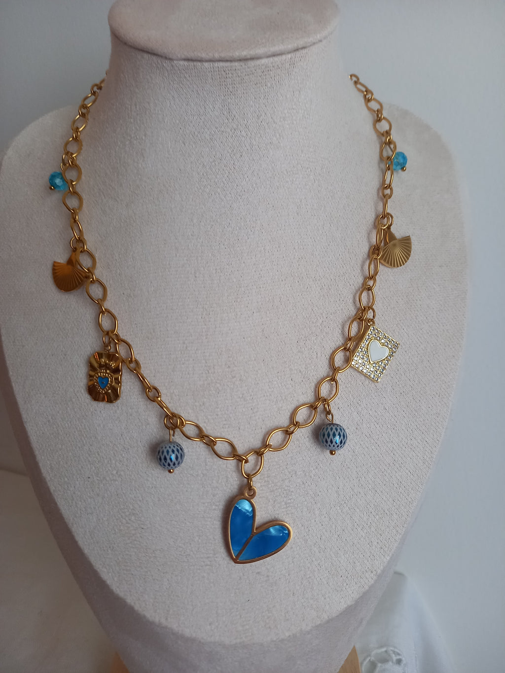 Collier Jana Tendance Bleu - Breloques Verre Émail Acier Inoxydable 40cm