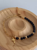 Bracelet agate noire or acier inoxydable 16cm lithothérapie élégant fait main France