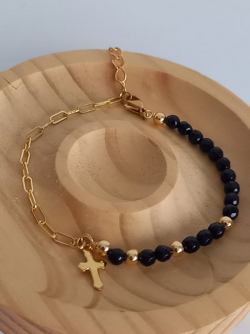 Bracelet agate noire or acier inoxydable 16cm lithothérapie élégant fait main France