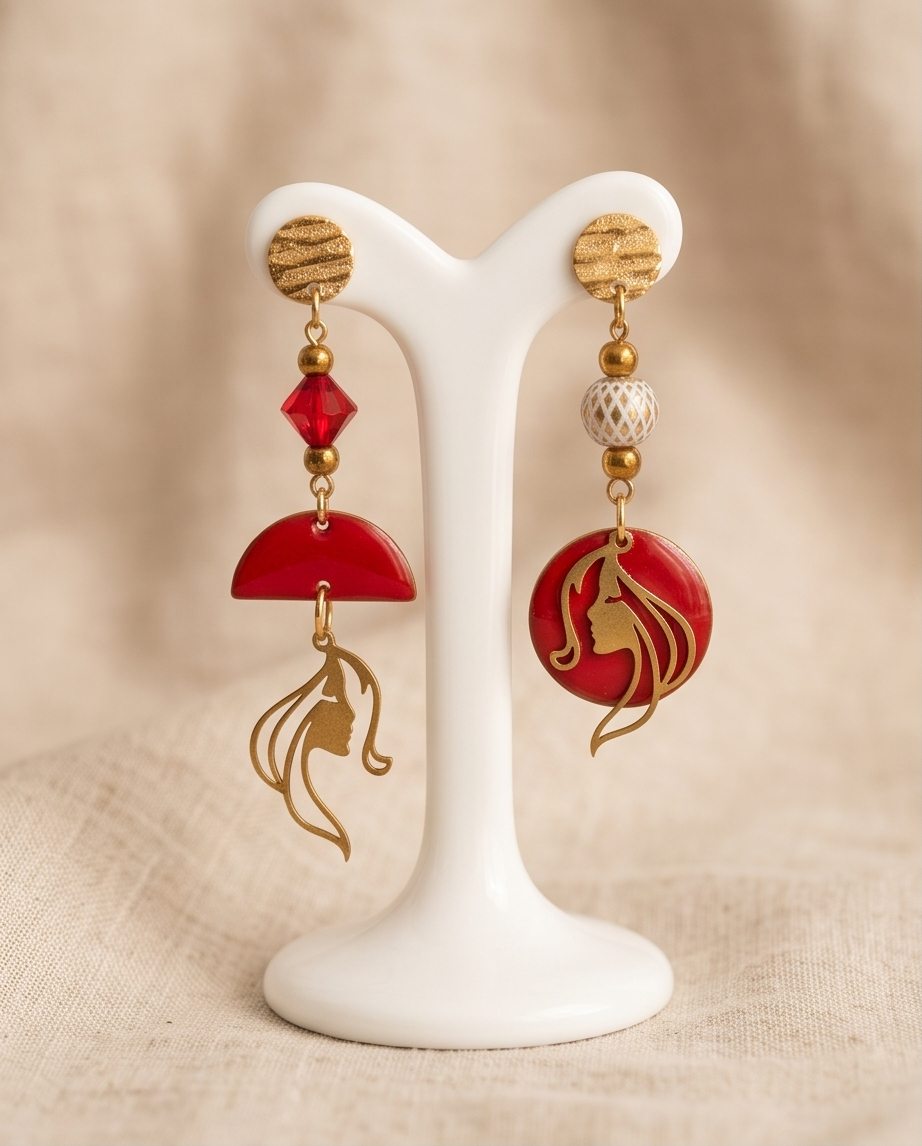 Boucles d'oreilles noir, rouge , bleu et doré - Breloques acier inoxydable émail