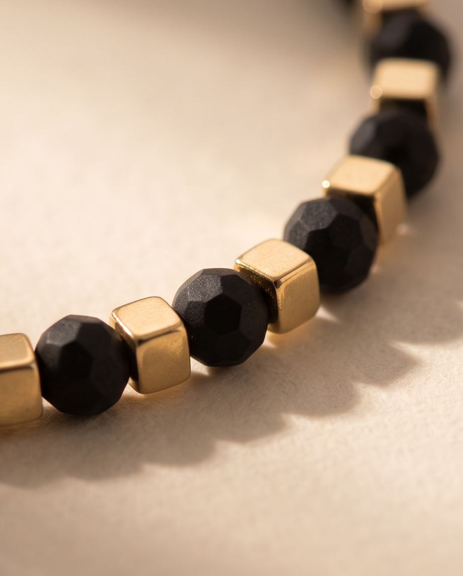 Bracelet agate noire placage ionique - Perles 3mm acier inoxydable nina