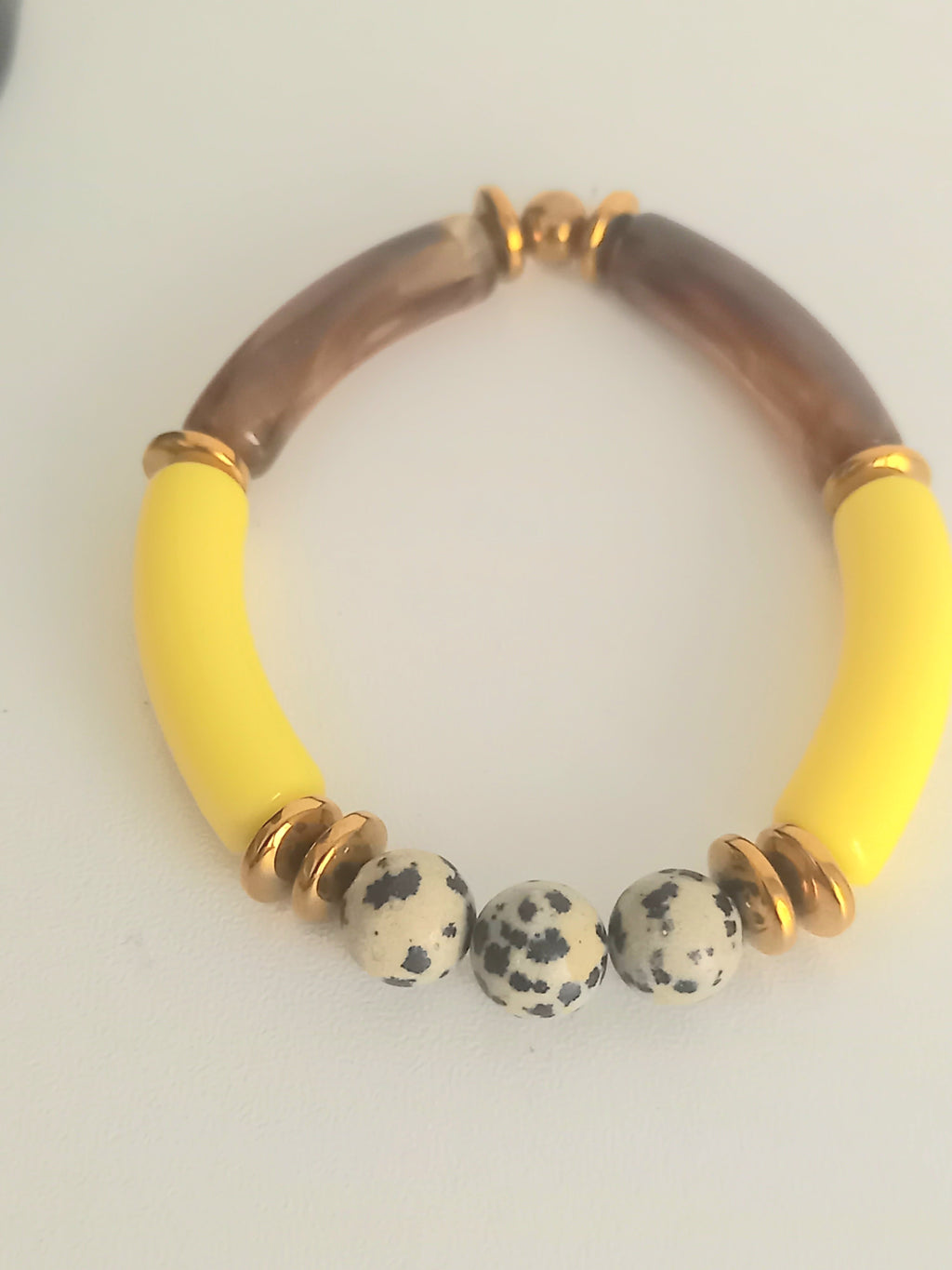 Bracelet jaspe dalmatien acétate - Perles acier inoxydable