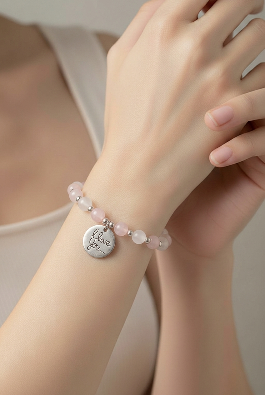 Bracelet lithothérapie Love quartz rose - Élastique acier inoxydable 15cm