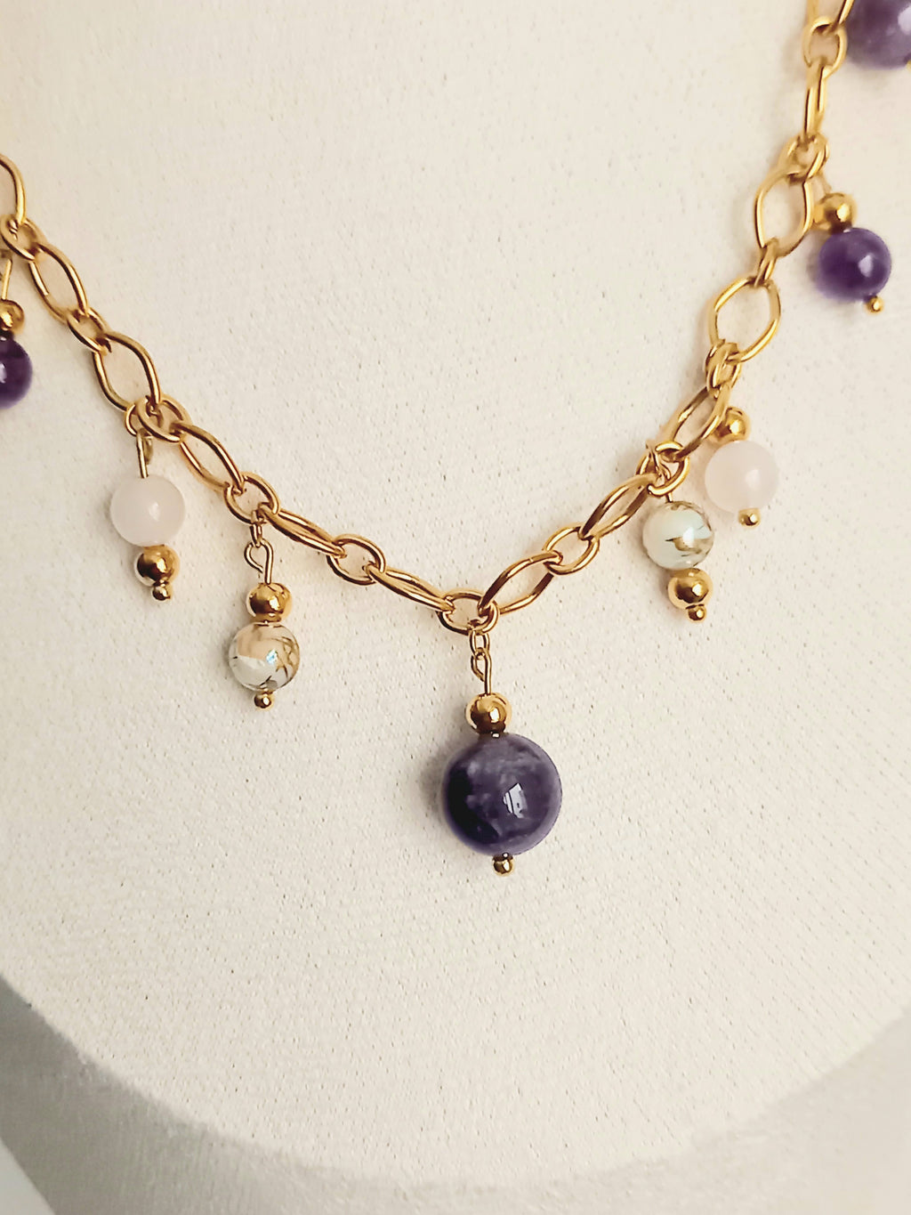 Collier Améthyste & Quartz Rose - Pierres Naturelles Acier Inoxydable  violetta 40cm