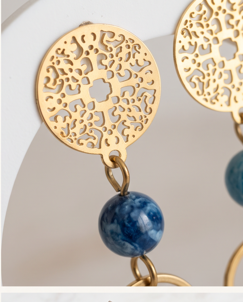 Boucles d'oreilles bleu et or apatite - Cabochon acier inoxydable