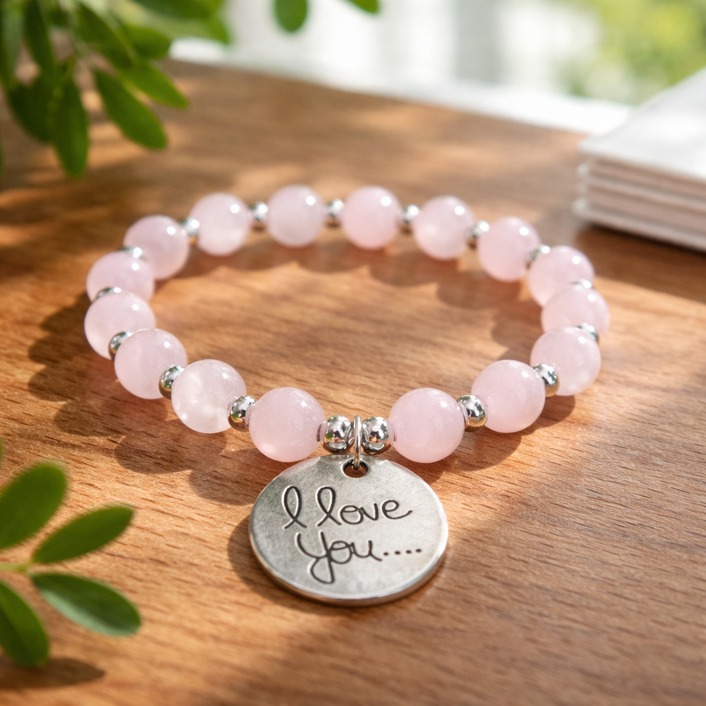 Bracelet lithothérapie Love quartz rose - Élastique acier inoxydable 15cm