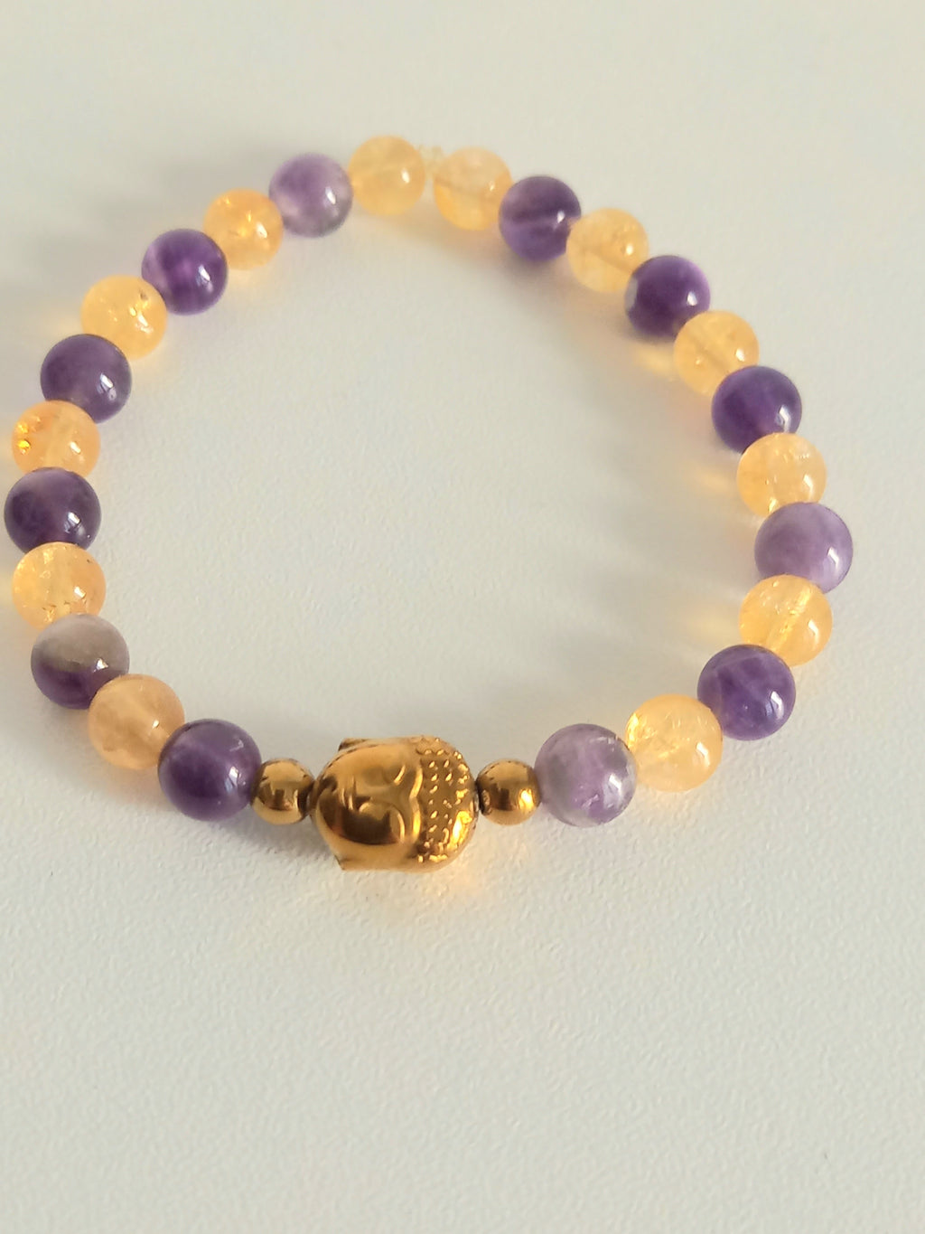 Bracelet lithothérapie améthyste citrine bouddha acier inoxydable spirituel fait main Fr