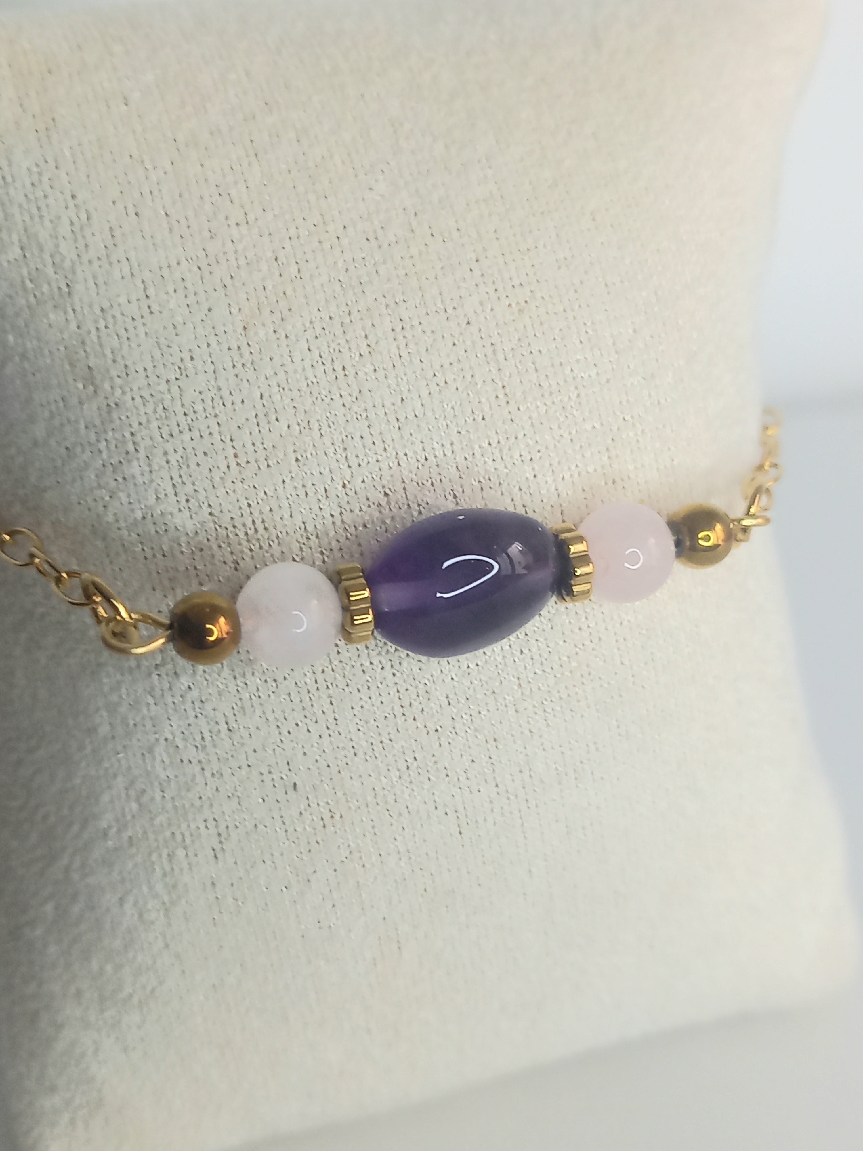 Bracelet améthyste quartz rose - Pierres naturelles acier inoxydable