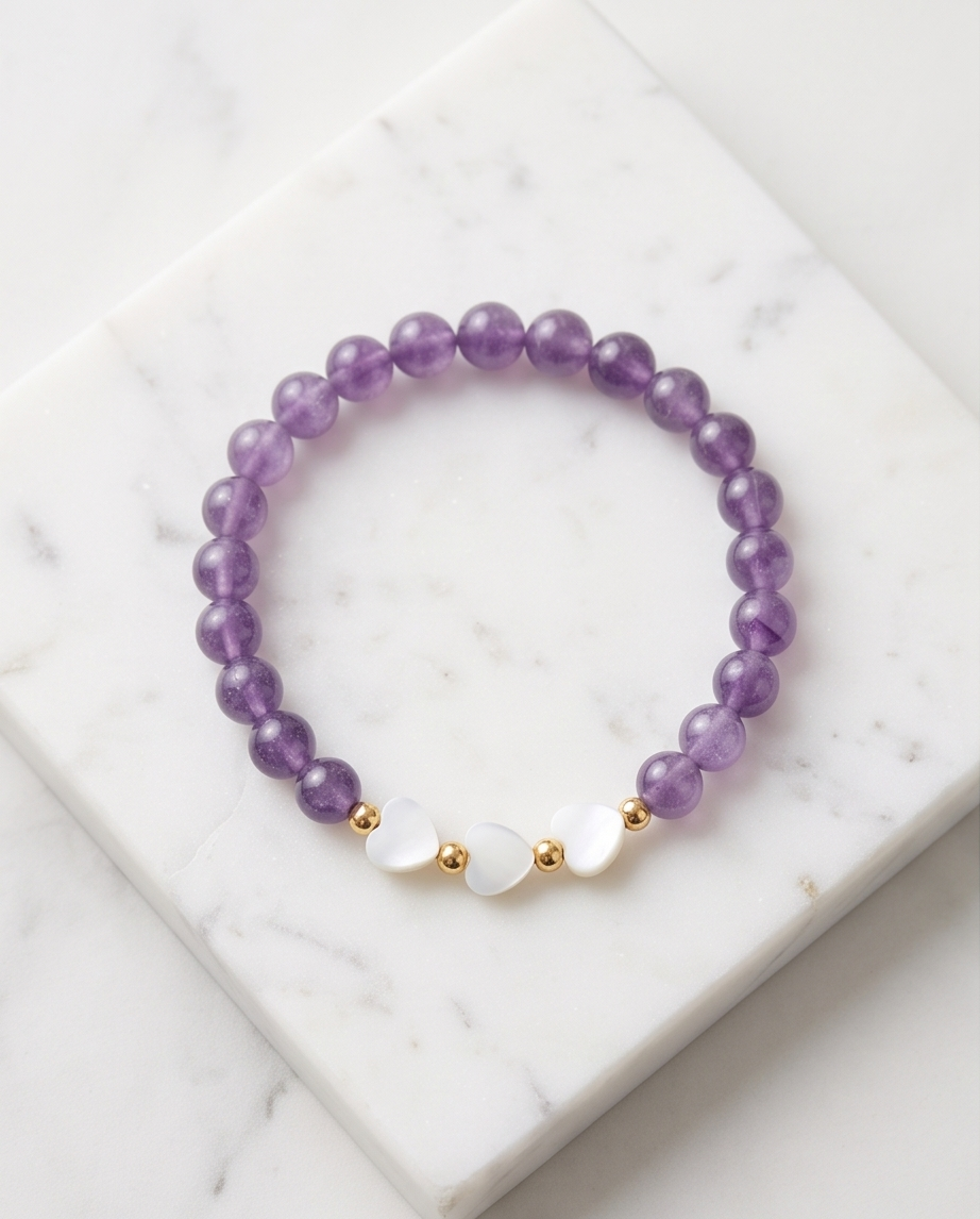 Bracelet lithothérapie améthyste - Cœurs nacre acier inoxydable 15cm