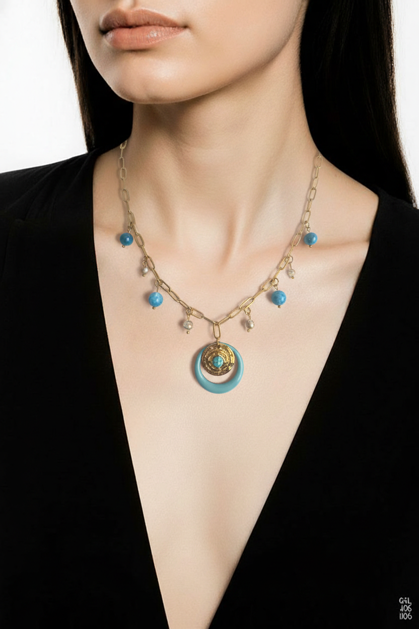 Collier Apatite & Verre - Breloque Émail Acier Inoxydable 40cm susanna