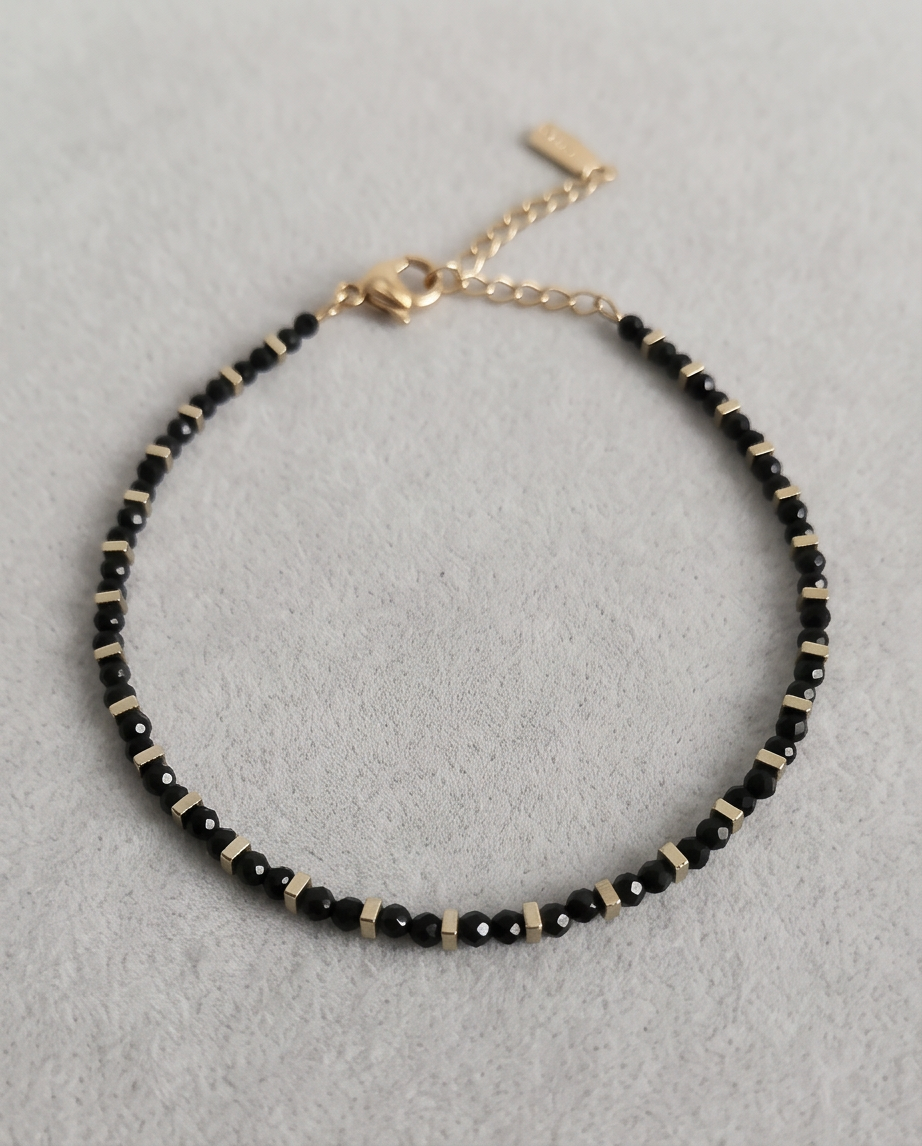 Bracelet agate noire placage ionique - Perles 3mm acier inoxydable nina