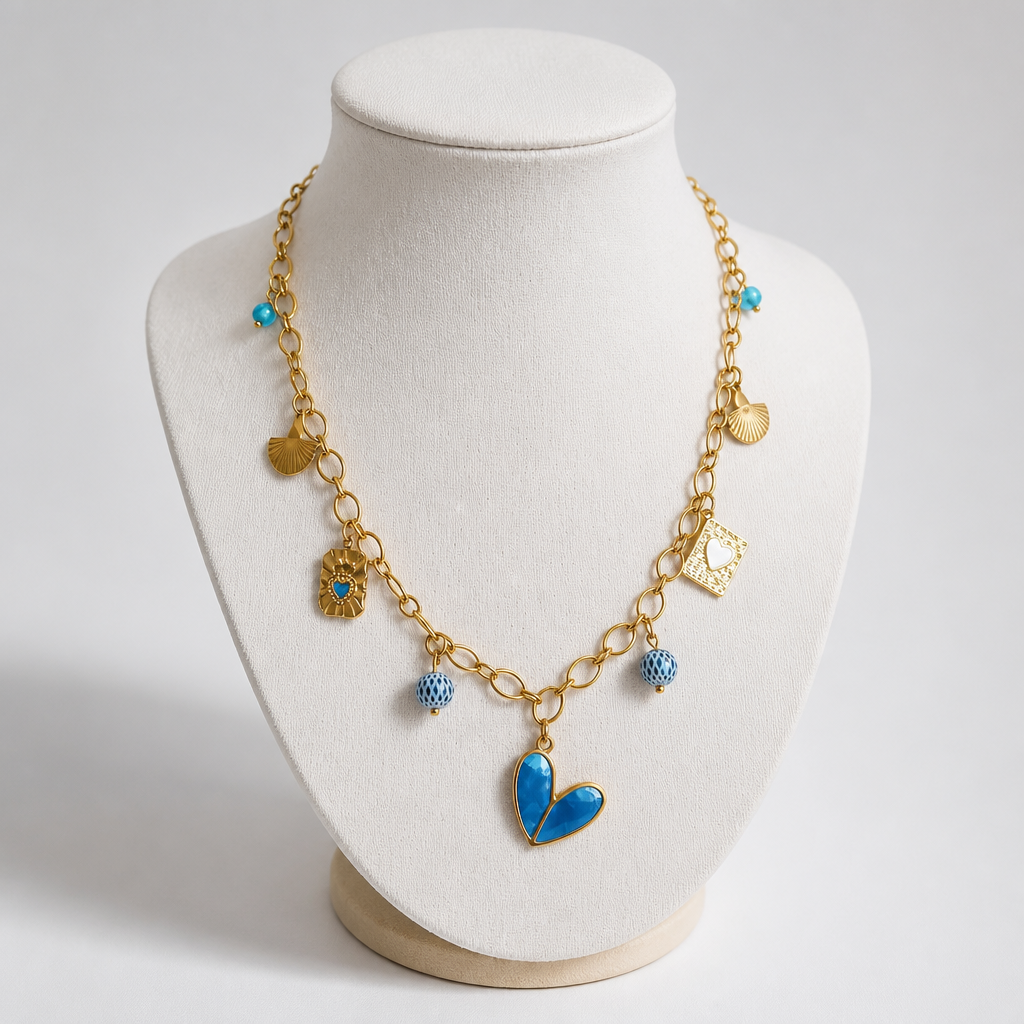 Collier Jana - Breloques Bleu, Verre Émail & Acier Inoxydable 40cm