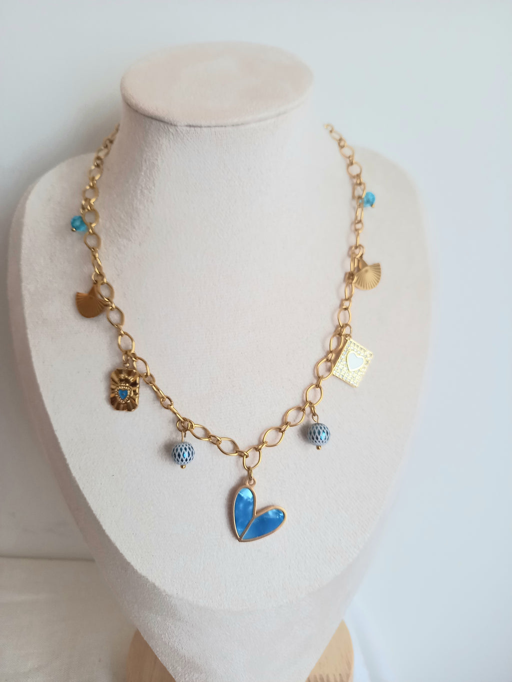 Collier Jana Tendance Bleu - Breloques Verre Émail Acier Inoxydable 40cm