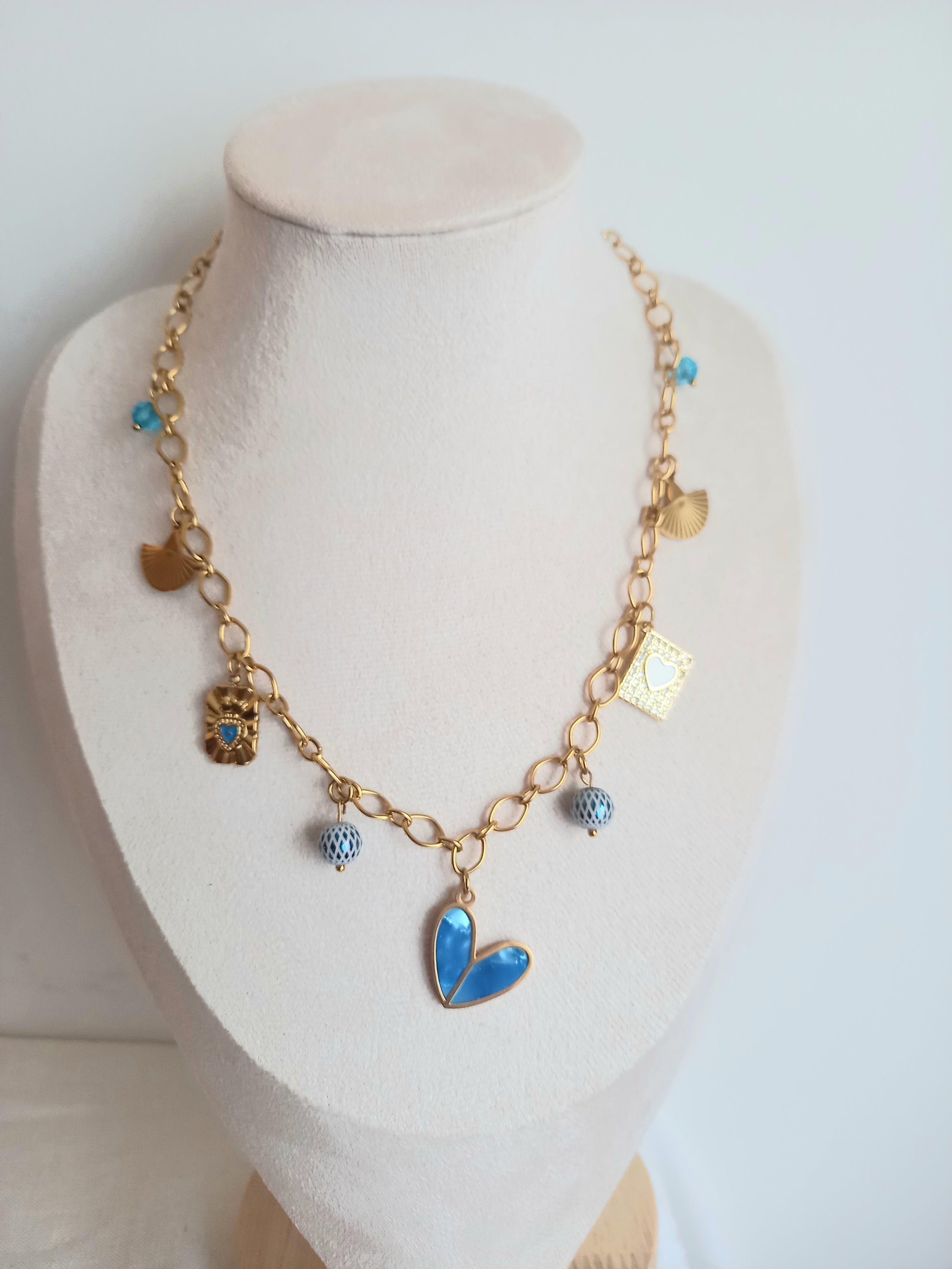 Collier Jana Tendance Bleu - Breloques Verre Émail Acier Inoxydable 40cm