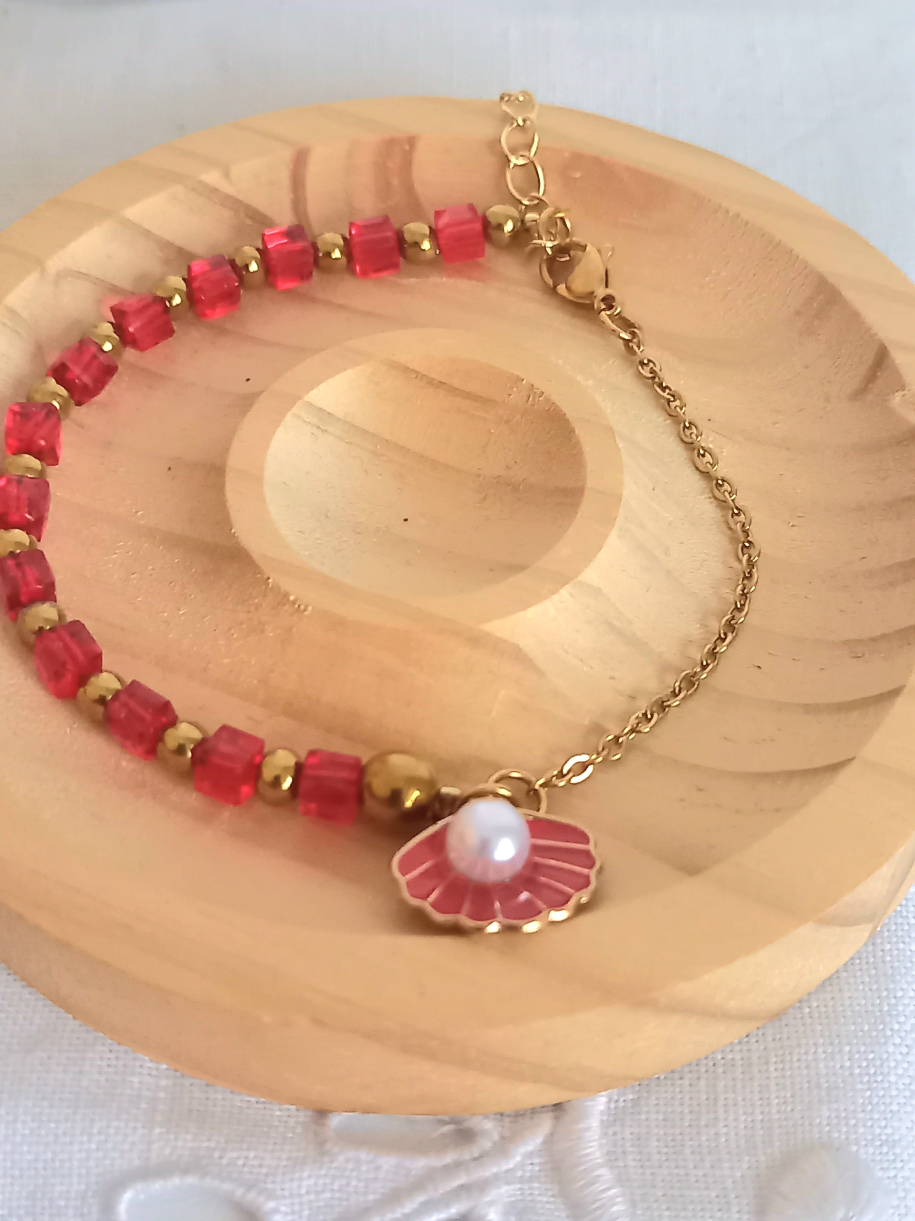 Bracelet en acier inoxydable,perles  verre , rouge passion