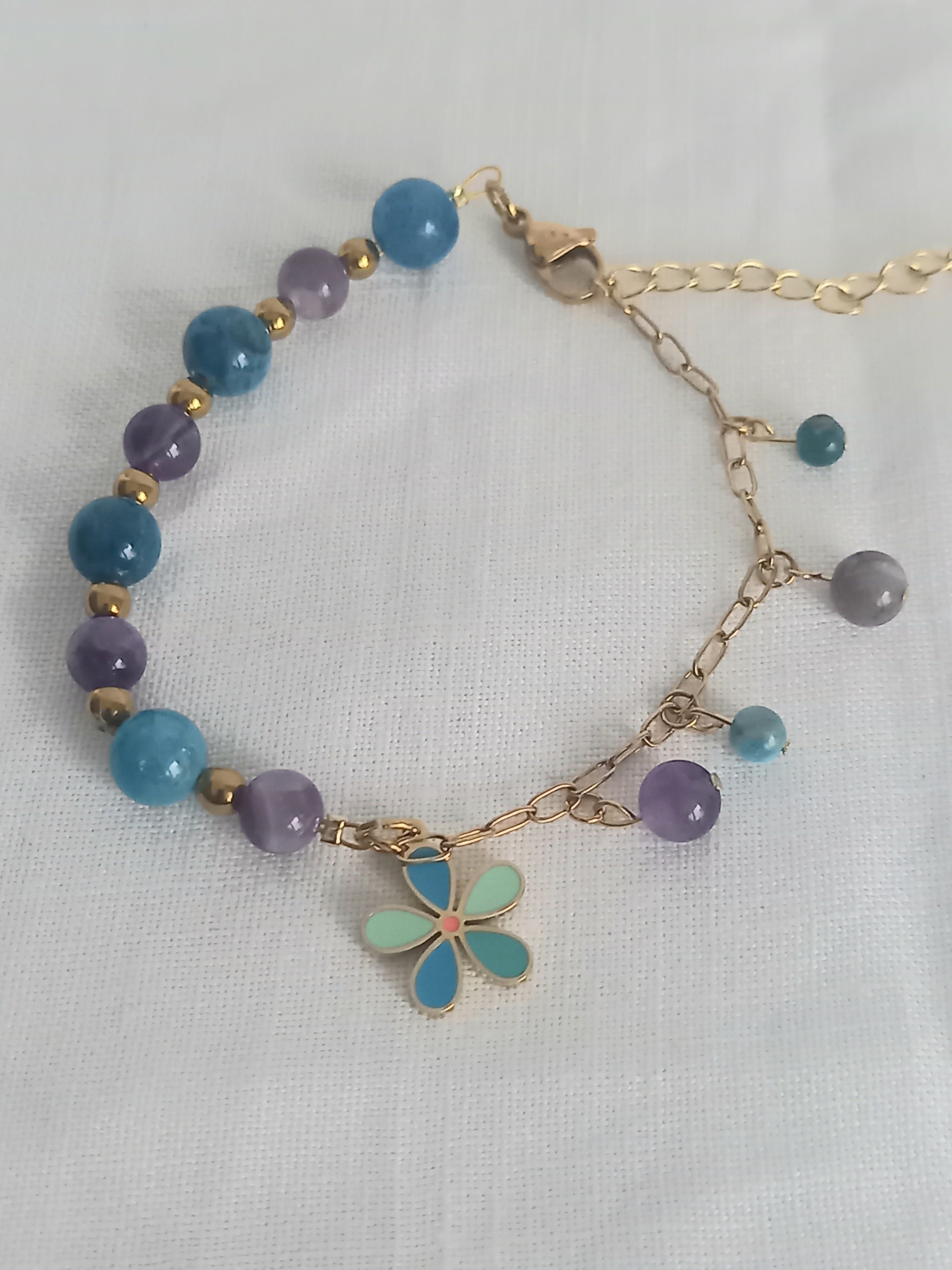 Bracelet améthyste apatite fleur - Pierres naturelles acier inoxydable