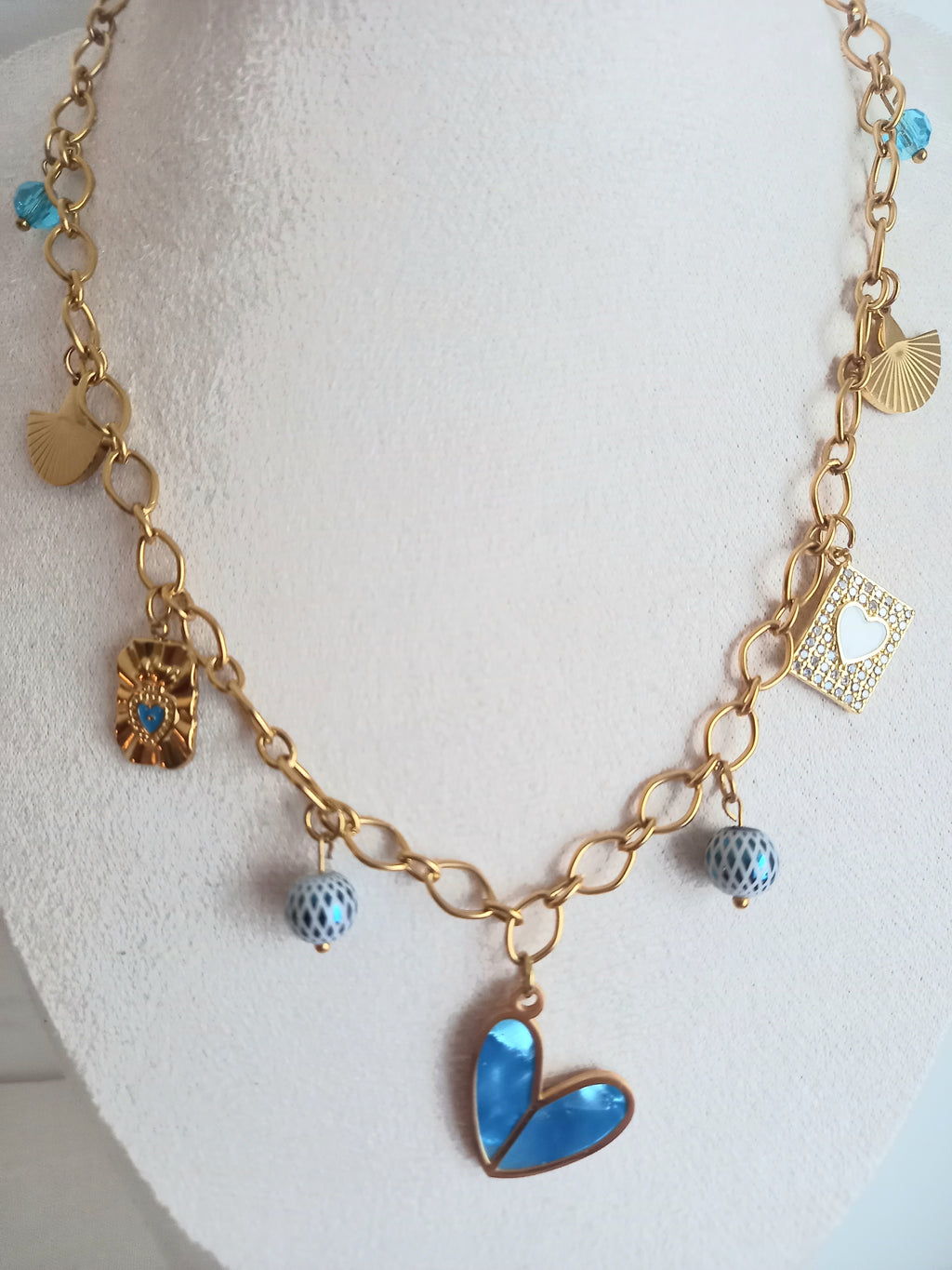 Collier Jana Tendance Bleu - Breloques Verre Émail Acier Inoxydable 40cm