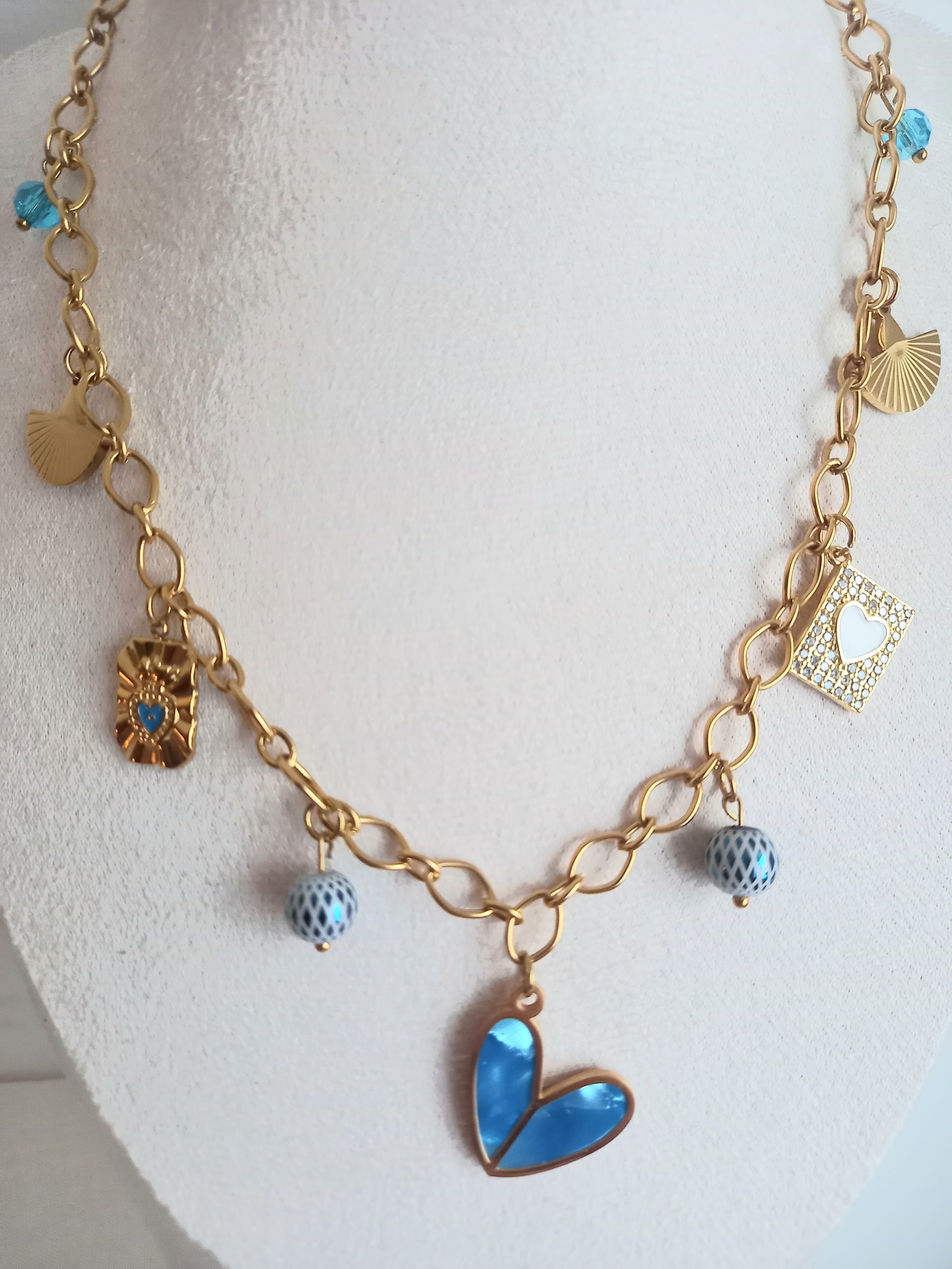 Collier Jana Tendance Bleu - Breloques Verre Émail Acier Inoxydable 40cm