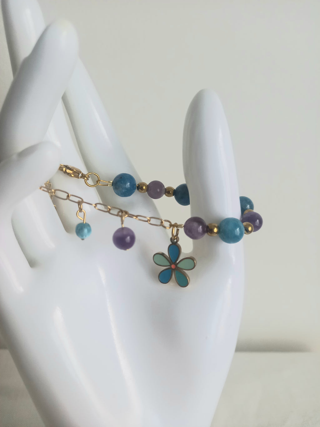 Bracelet améthyste apatite fleur - Pierres naturelles acier inoxydable