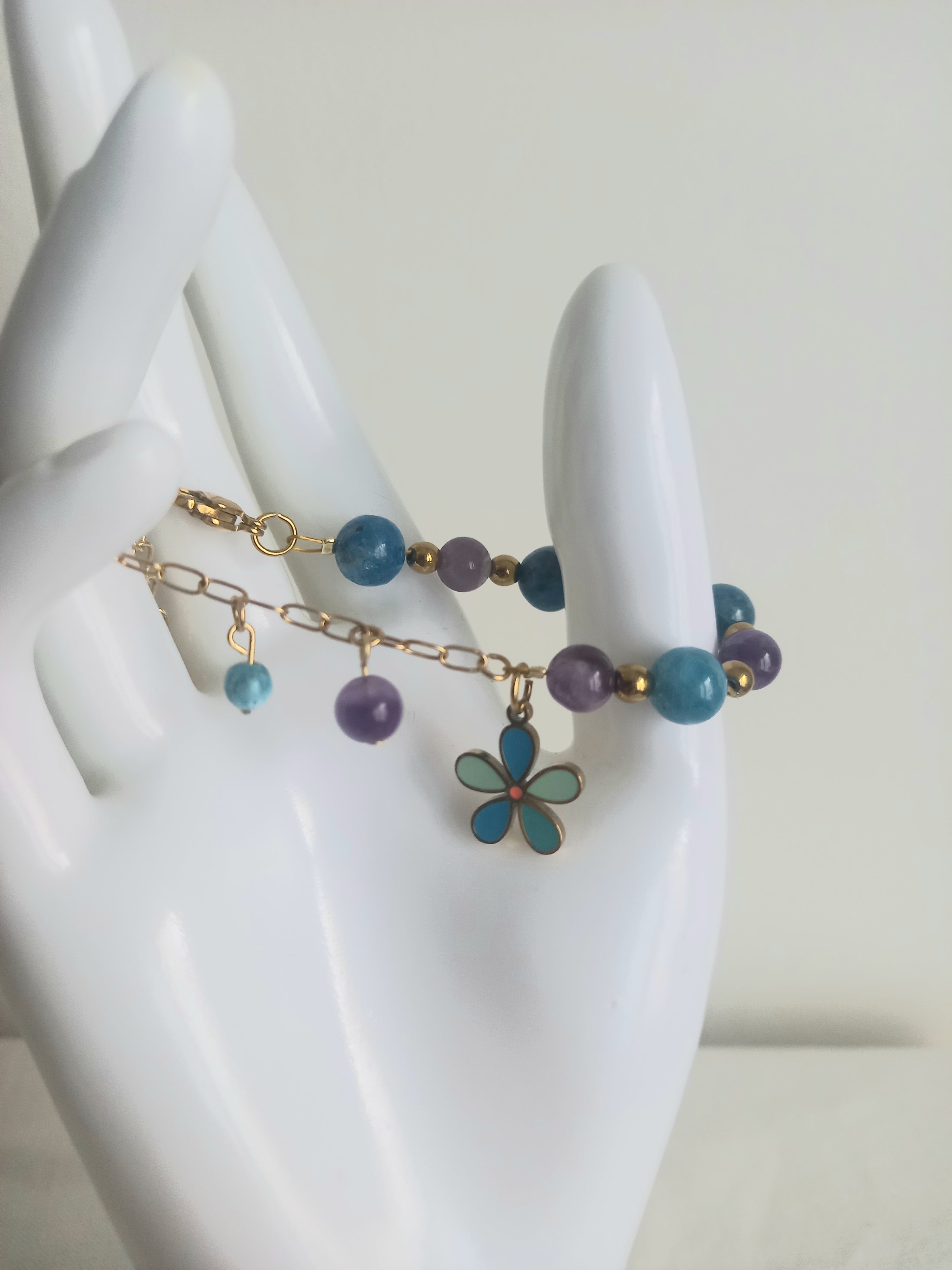 Bracelet améthyste apatite fleur - Pierres naturelles acier inoxydable