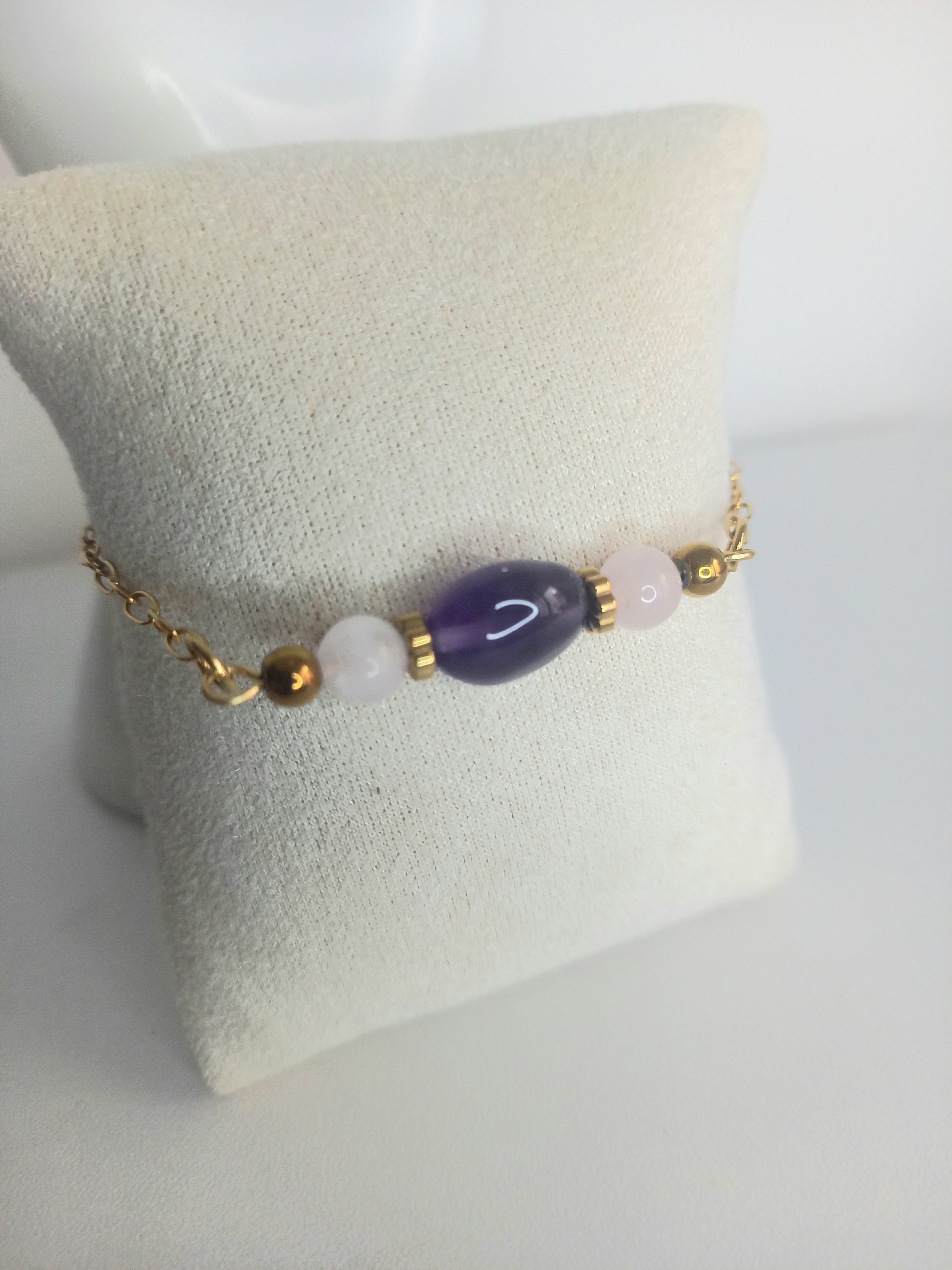 Bracelet améthyste quartz rose - Pierres naturelles acier inoxydable