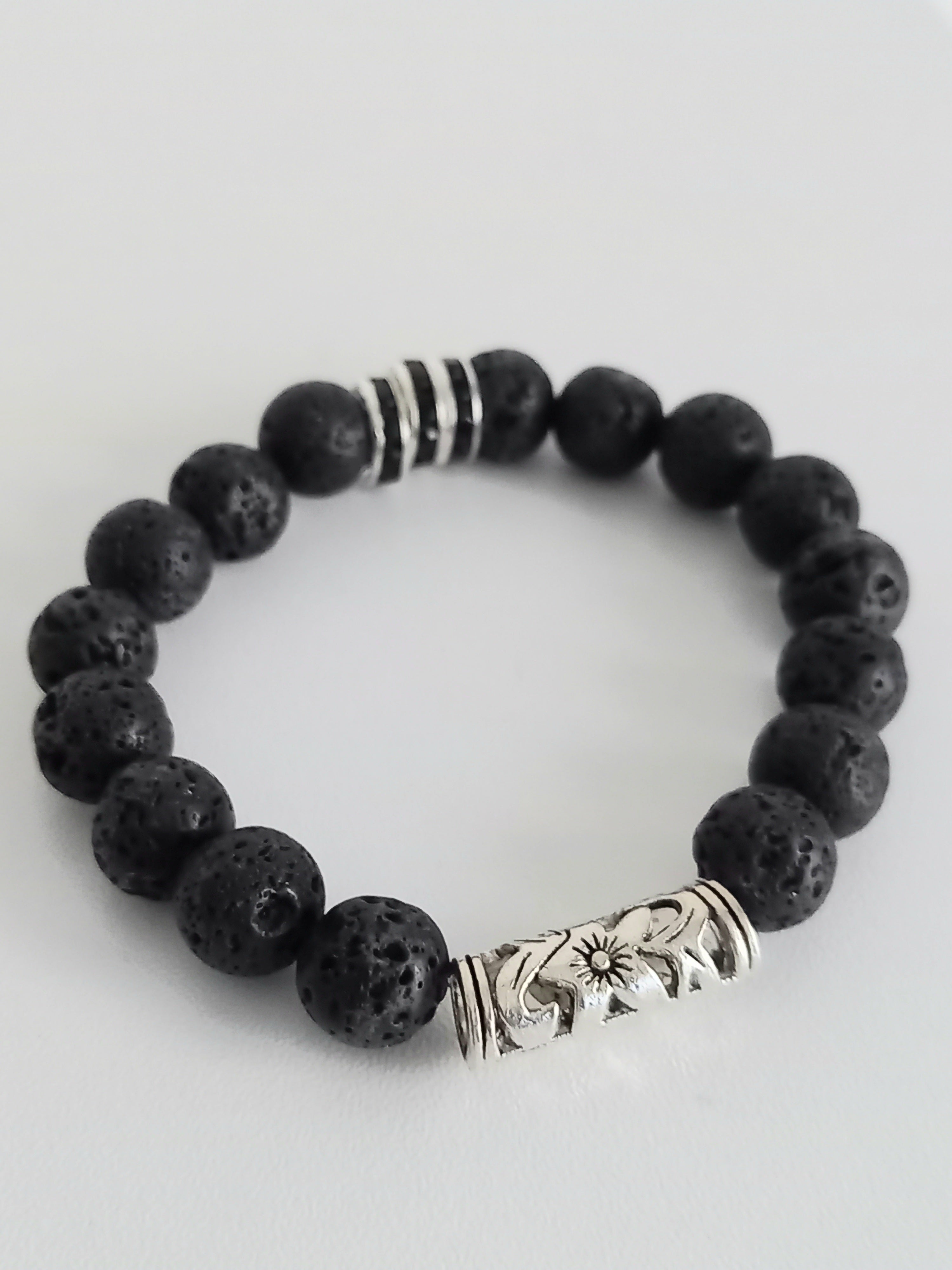 Bracelet Homme Pierre de Lave Noir - Lithothérapie Acier Inoxydable France