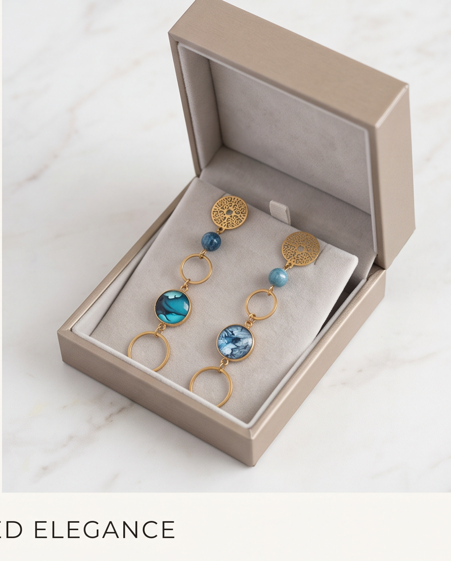 Boucles d'oreilles bleu et or apatite - Cabochon acier inoxydable