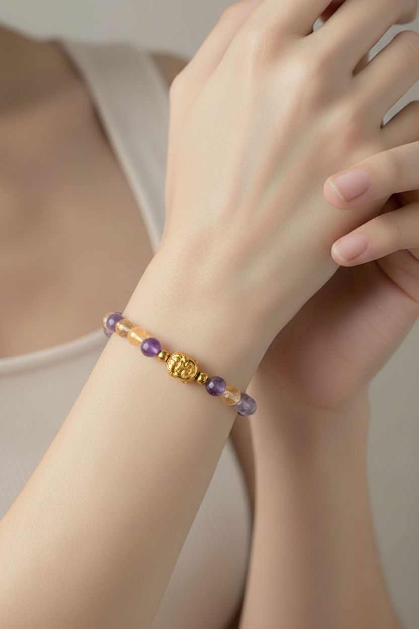 Bracelet améthyste citrine bouddha porté lithothérapie bijoux bohème spirituel France
