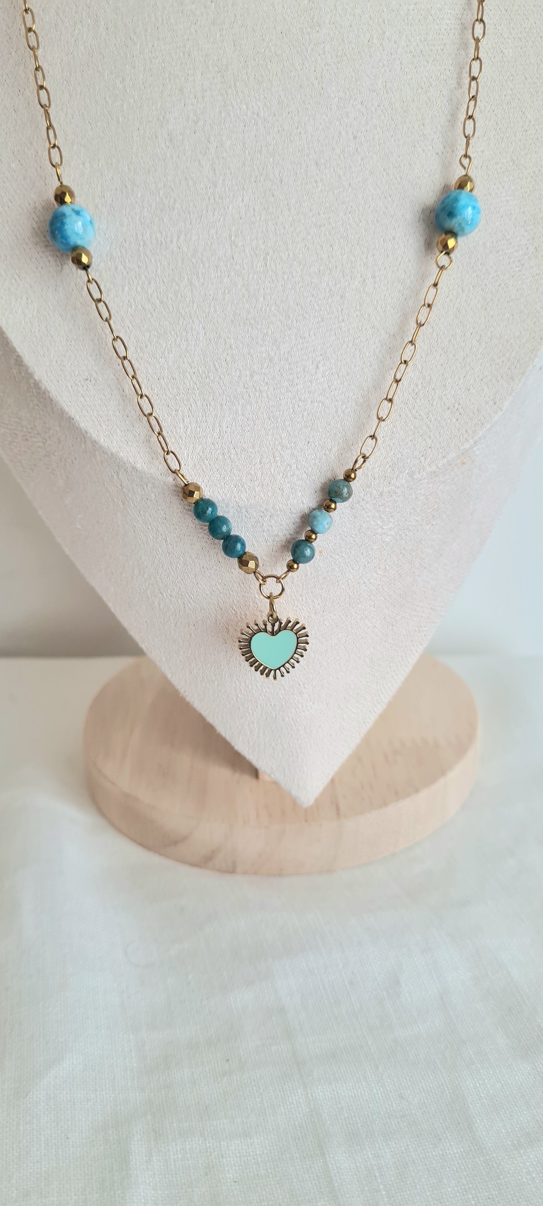 Collier lithotherapie pierre naturelle apatite , acier inoxydable Aline