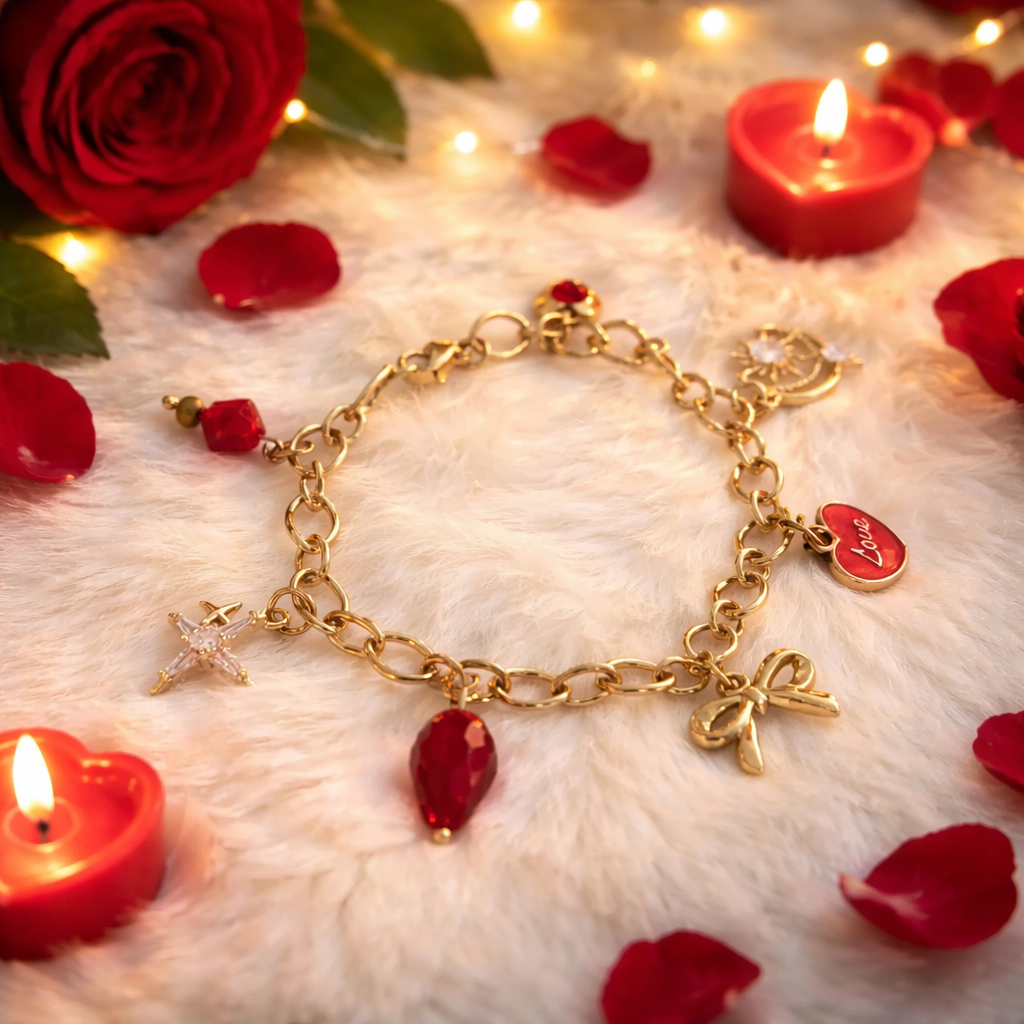 Bracelet Rouge & Or - Breloques Verre Bohème Femme Fait Main