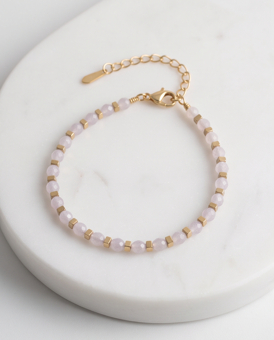 Bracelet Alma quartz rose - Perles 3mm placage ionique 16cm