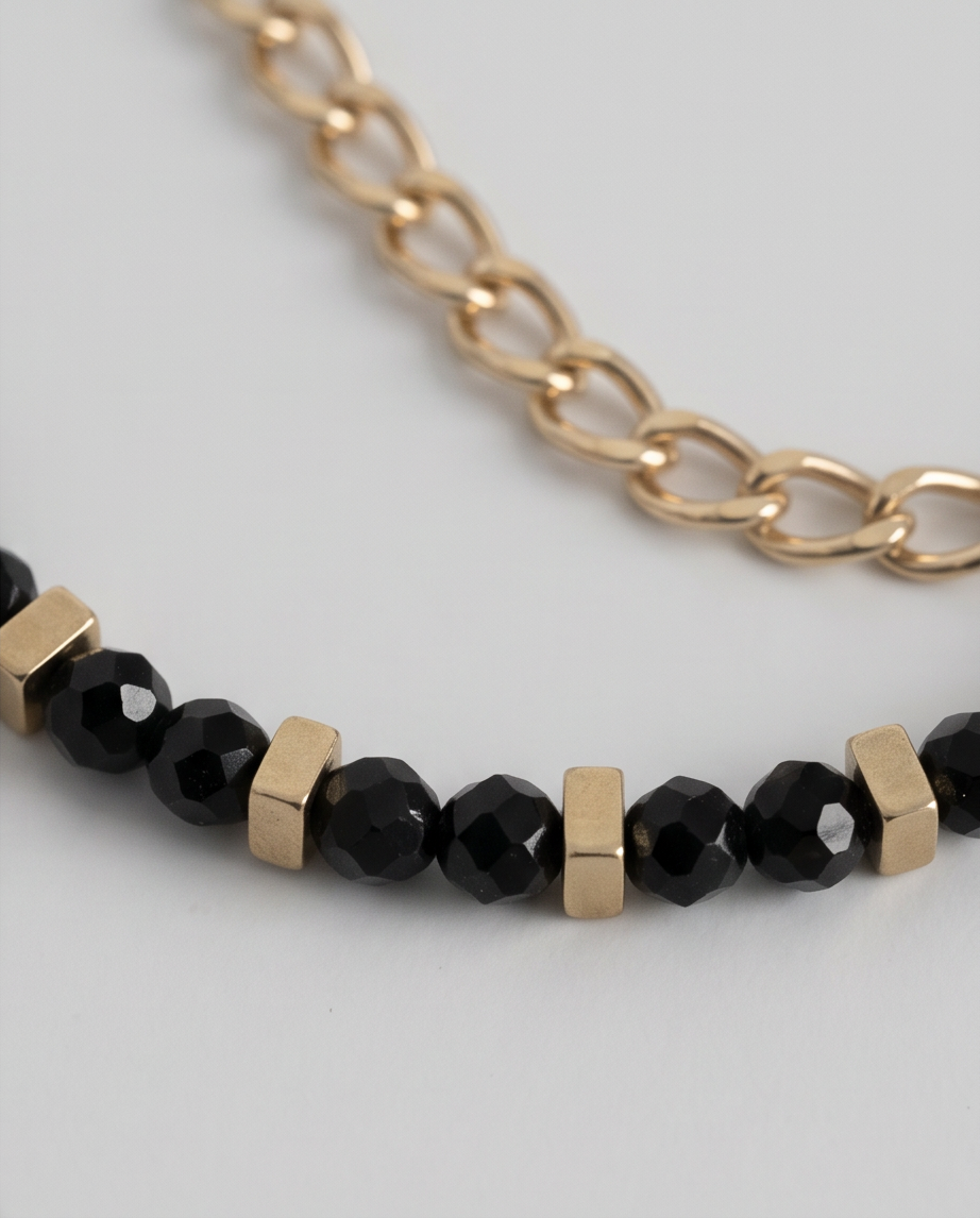 Bracelet agate noire placage ionique - Perles 3mm acier inoxydable nina