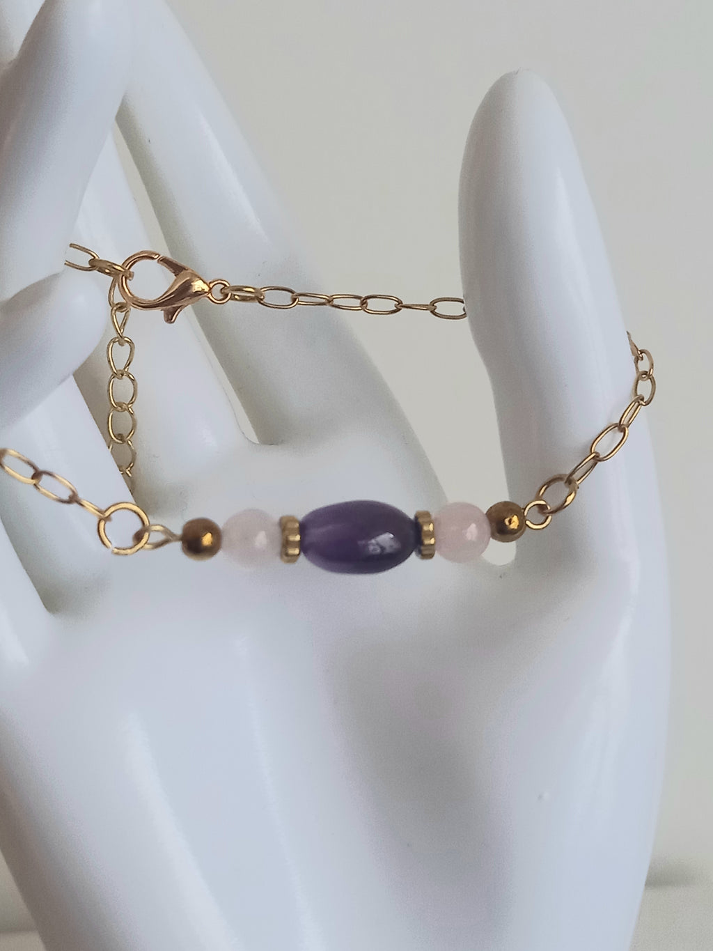 Bracelet améthyste quartz rose - Pierres naturelles acier inoxydable