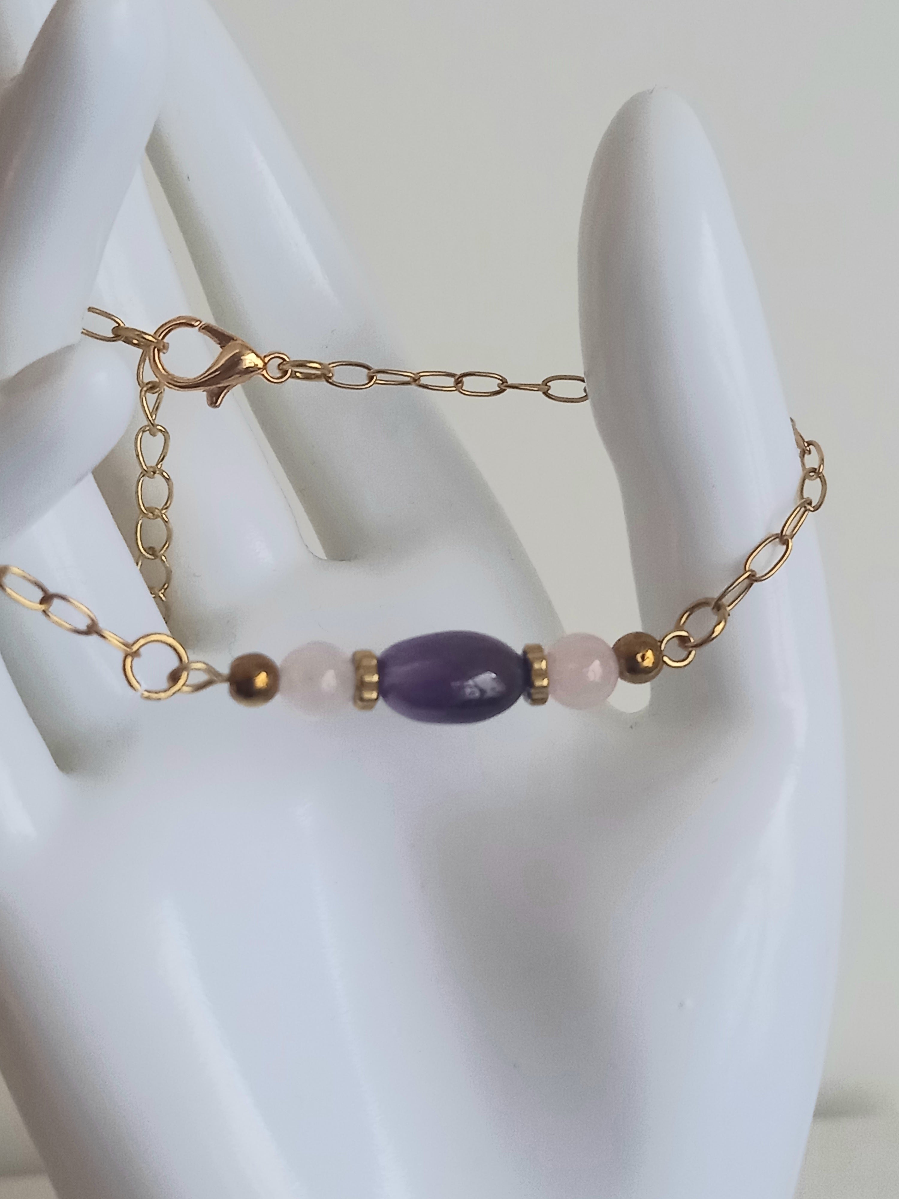 Bracelet améthyste quartz rose - Pierres naturelles acier inoxydable