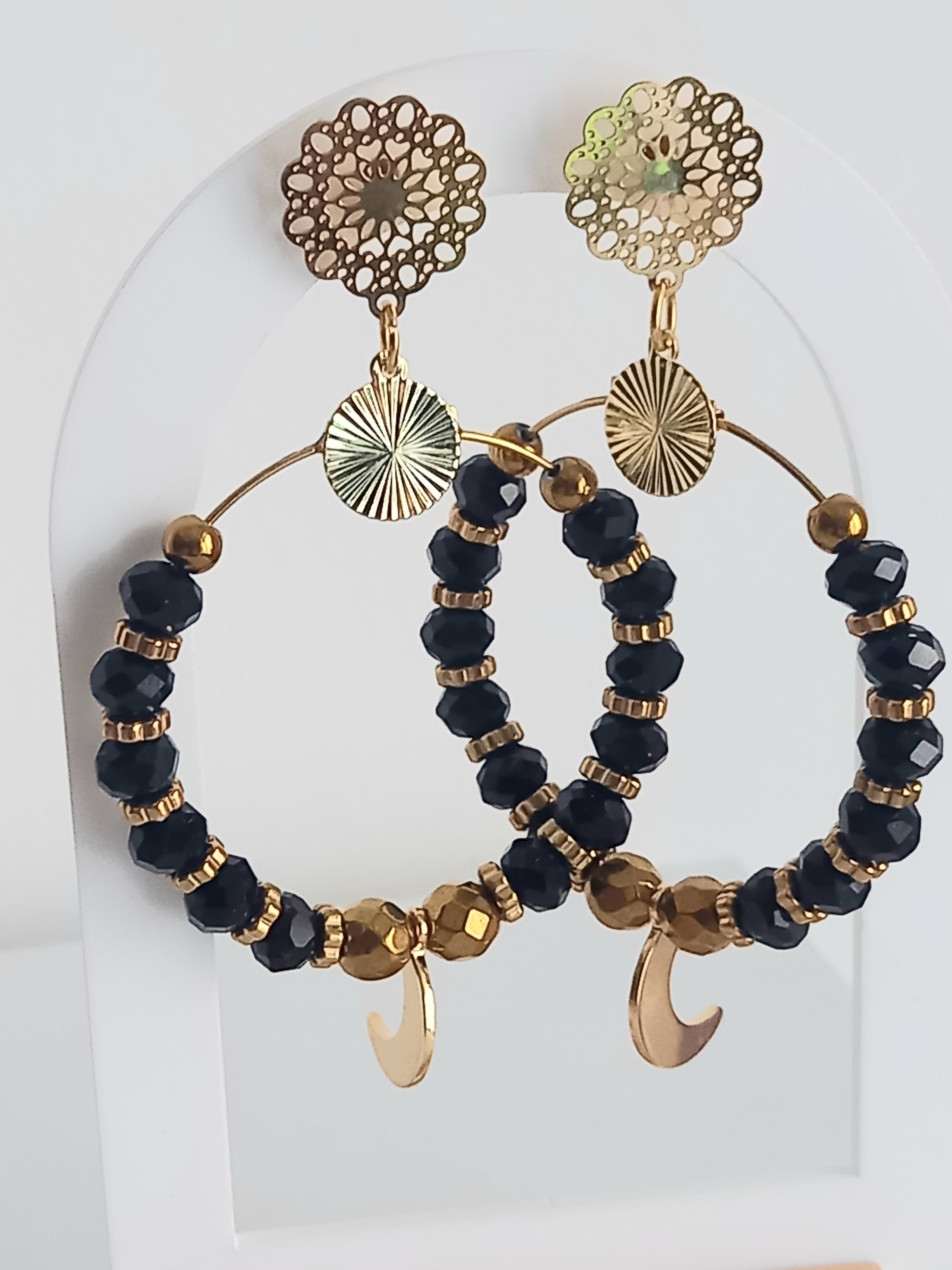 Boucles d'oreilles Acier inoxydable verre hématite 40mm