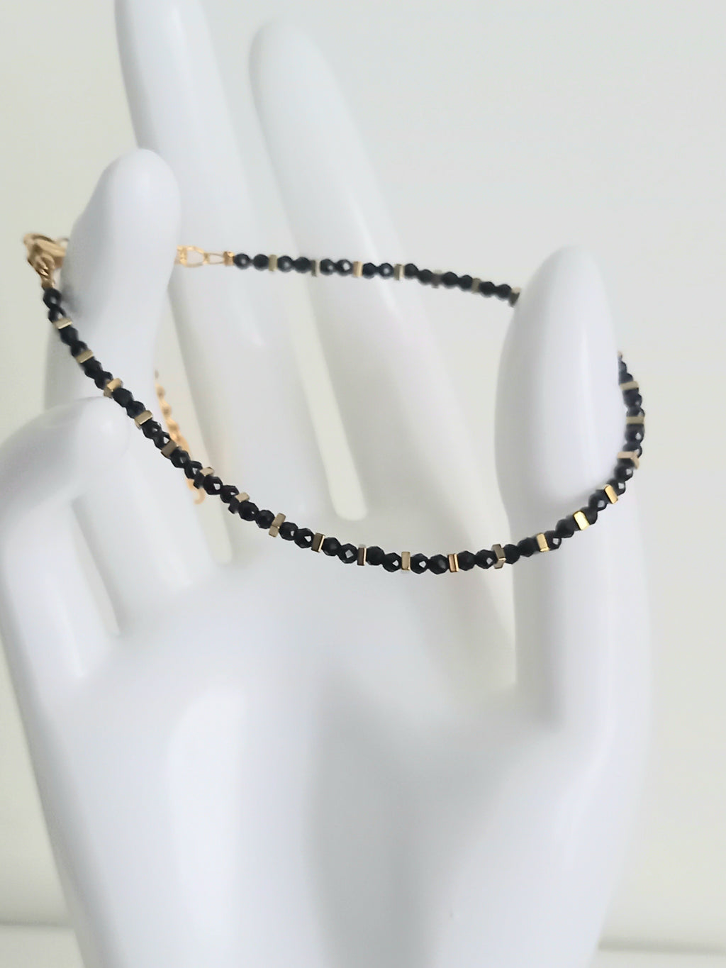 Bracelet agate noire placage ionique - Perles 3mm acier inoxydable
