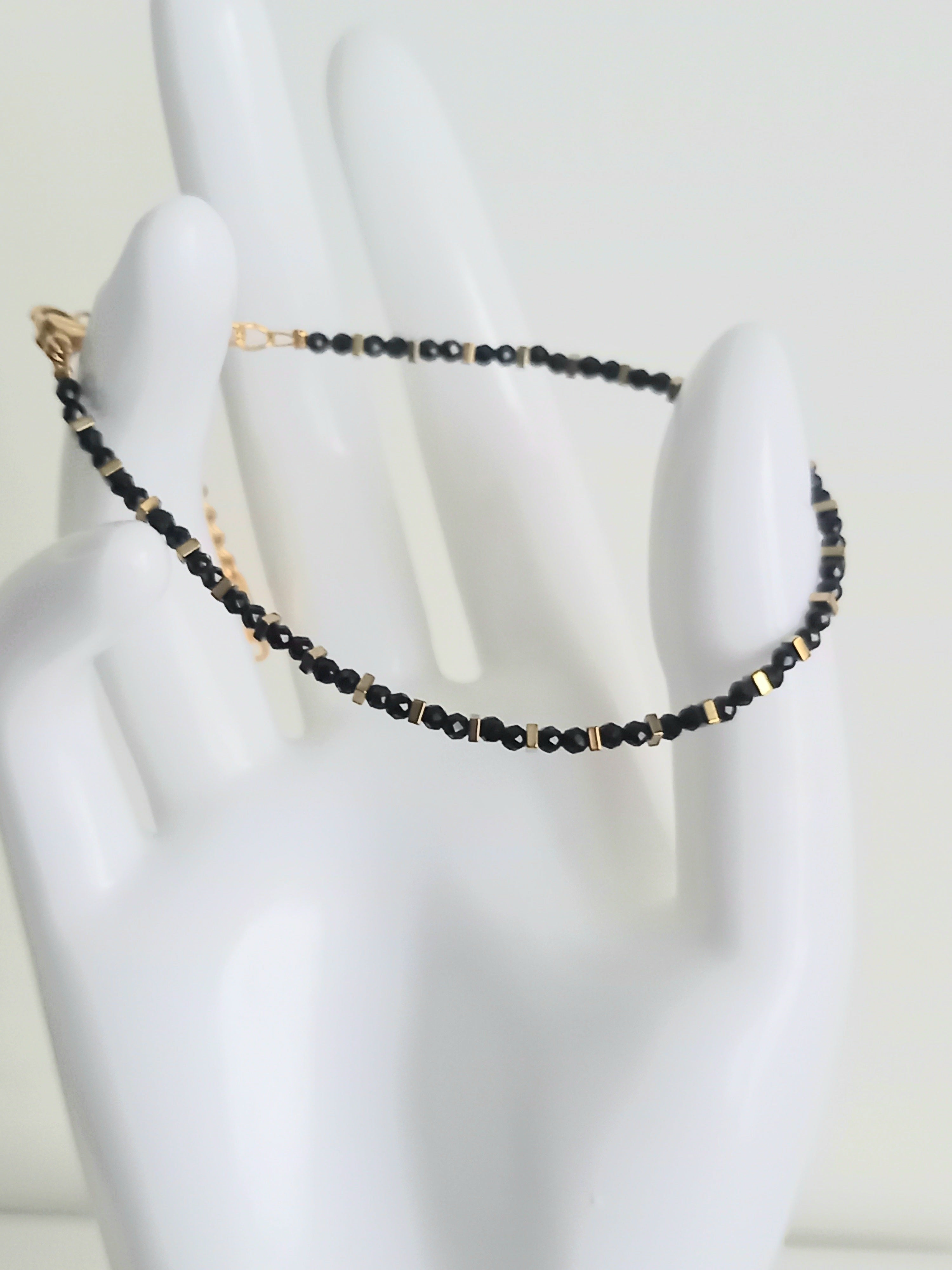 Bracelet agate noire placage ionique - Perles 3mm acier inoxydable