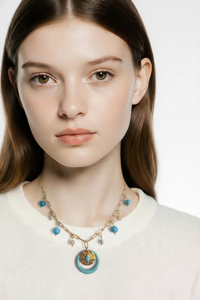 Collier Apatite & Verre - Breloque Émail Acier Inoxydable 40cm susanna