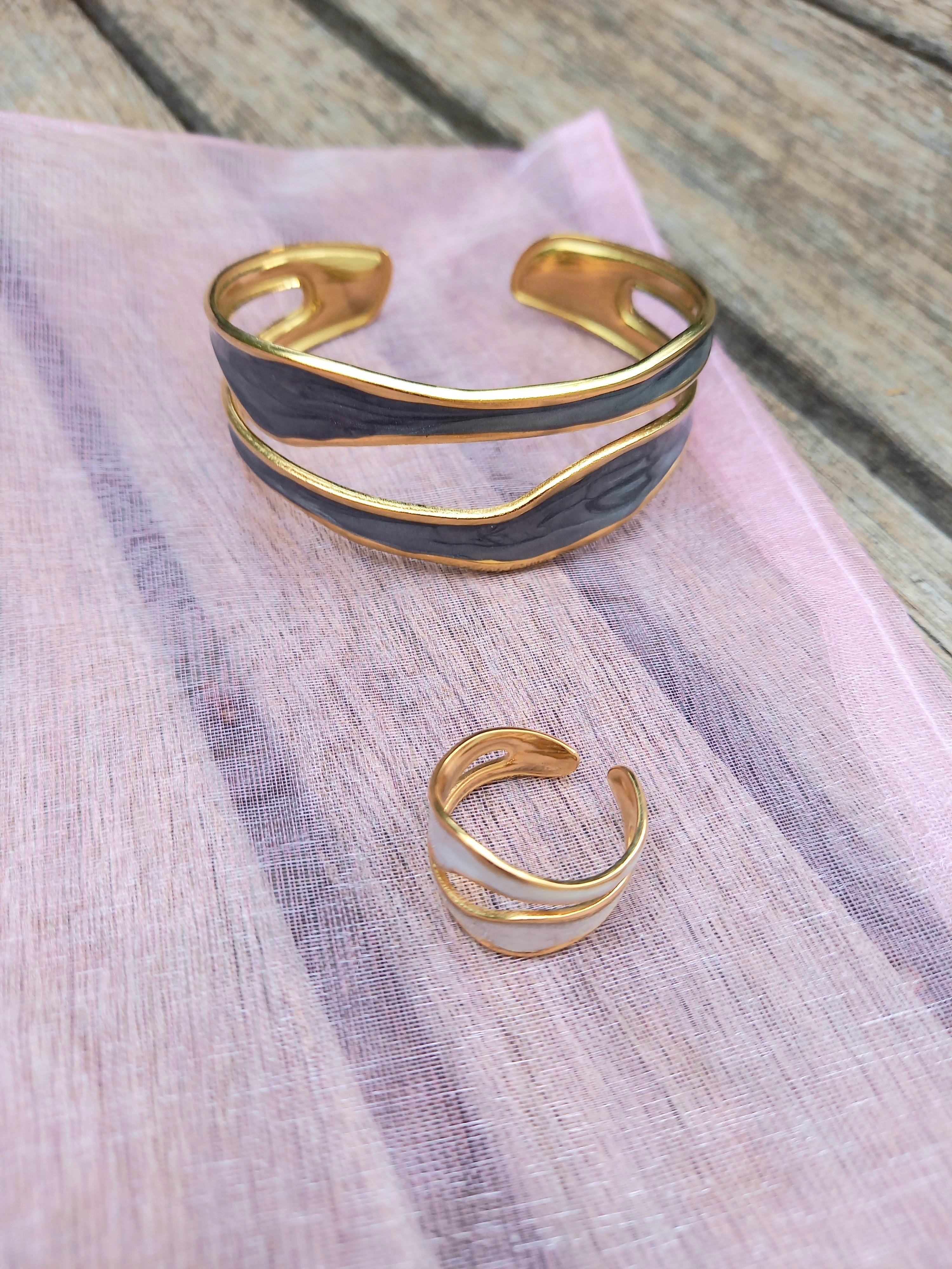 Ensemble bague et bracelet ajustables - Acier inoxydable raffiné